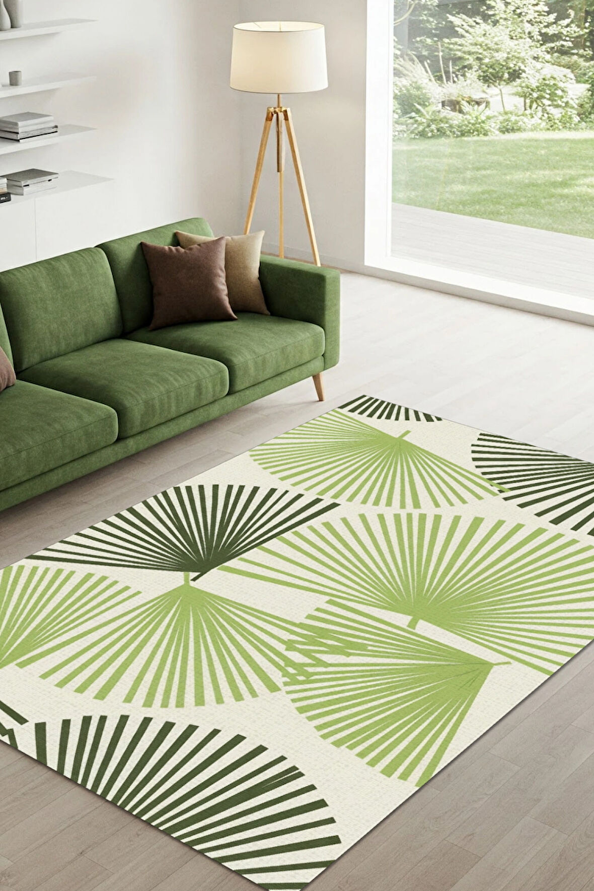 Palmiye Yapraklı Yeşil Desenli Halı Dijital Baskılı Dokuma Kaymaz Taban Yıkanabilir Pati Dostu Salon Halısı