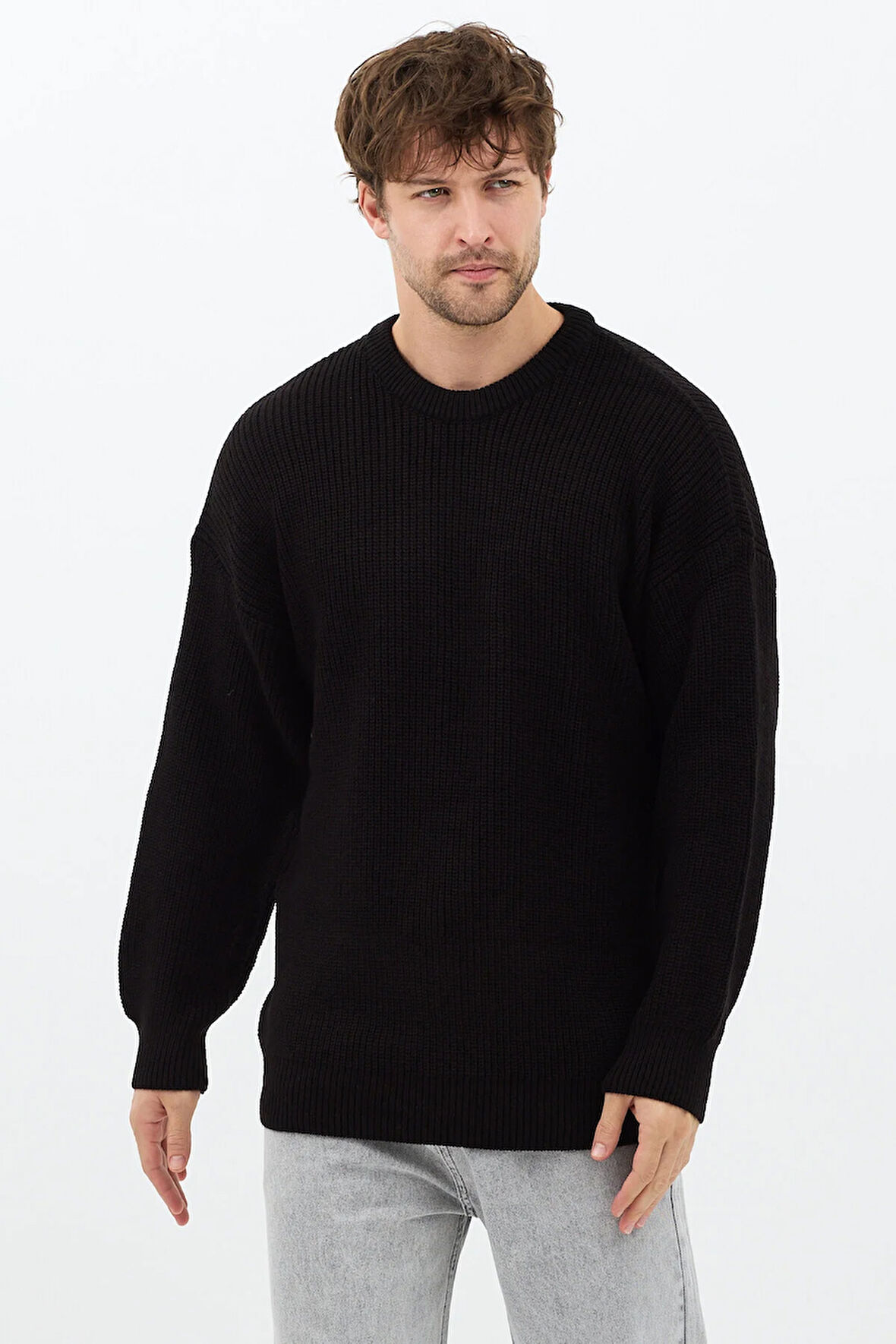 Erkek Siyah Regular Fit Bisiklet Yaka Örgülü Triko