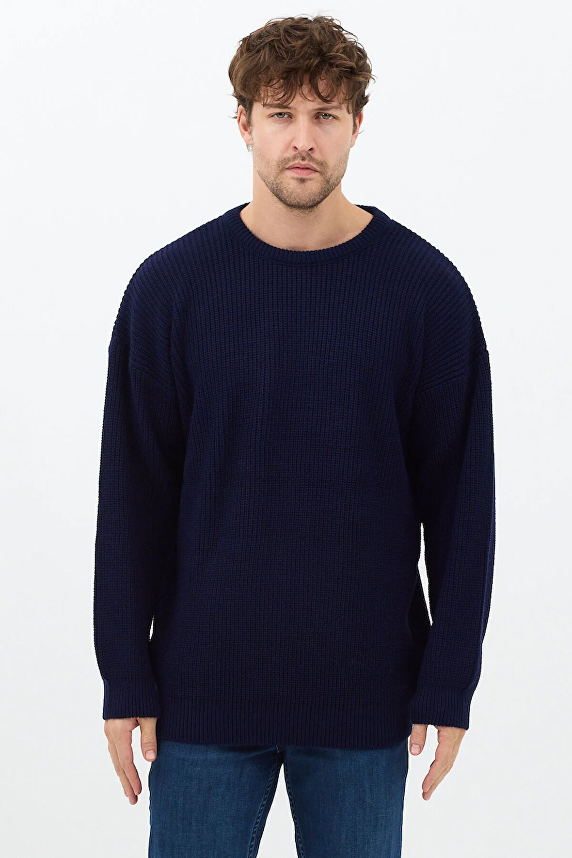 Erkek Lacivert Regular Fit Bisiklet Yaka Örgülü Triko