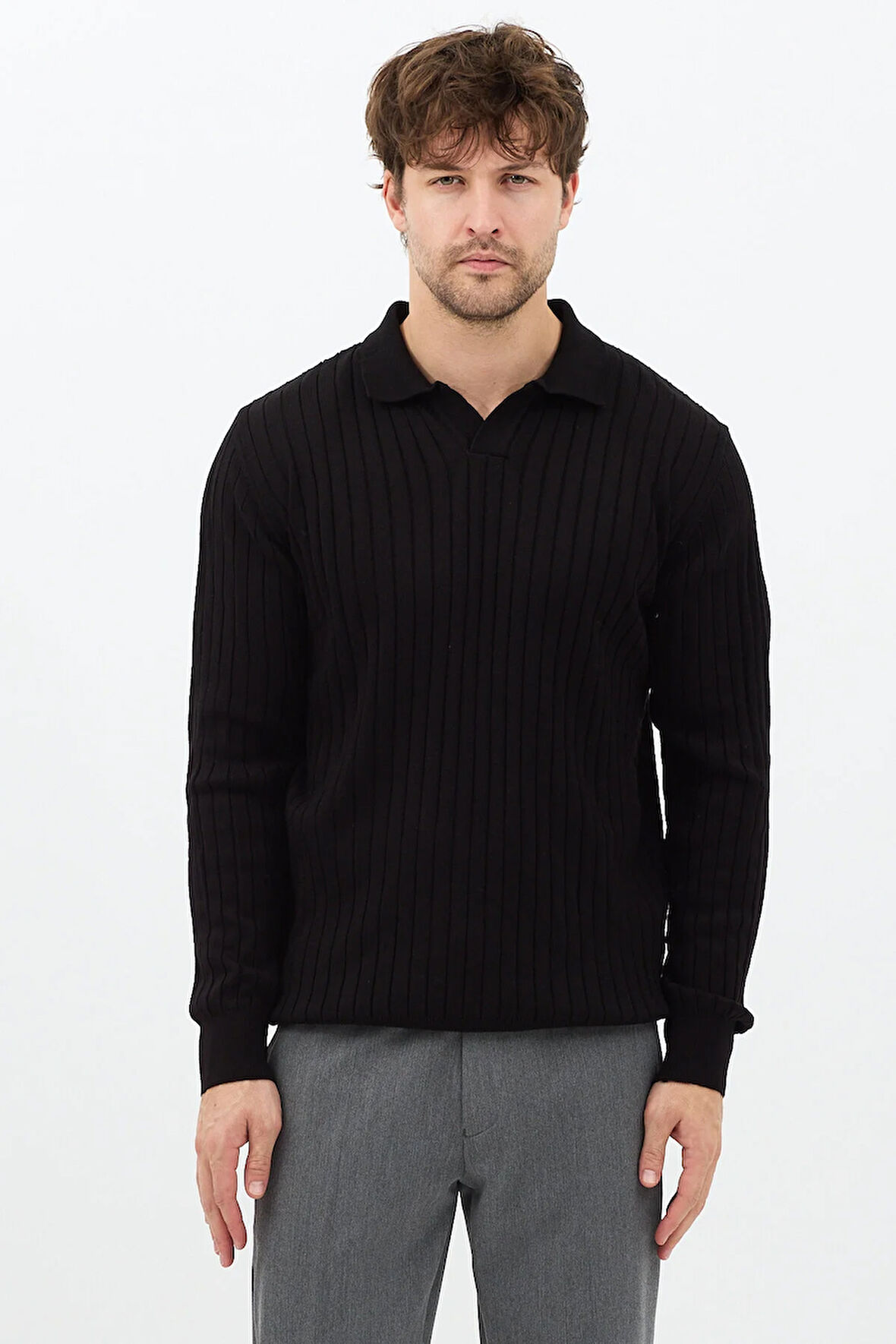 Siyah Erkek Polo Yaka Fitilli Triko Kazak