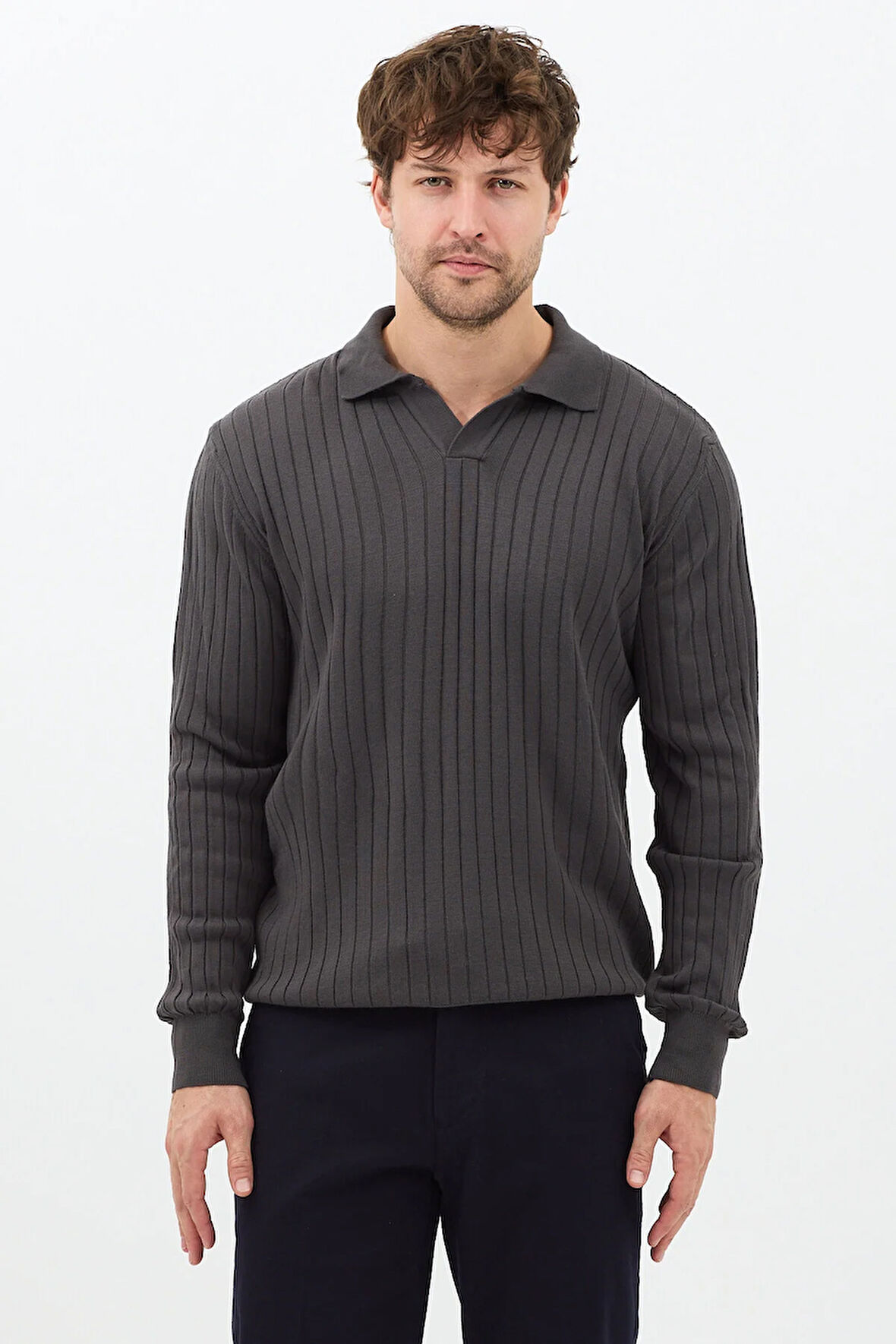 Füme Erkek Polo Yaka Fitilli Triko Kazak