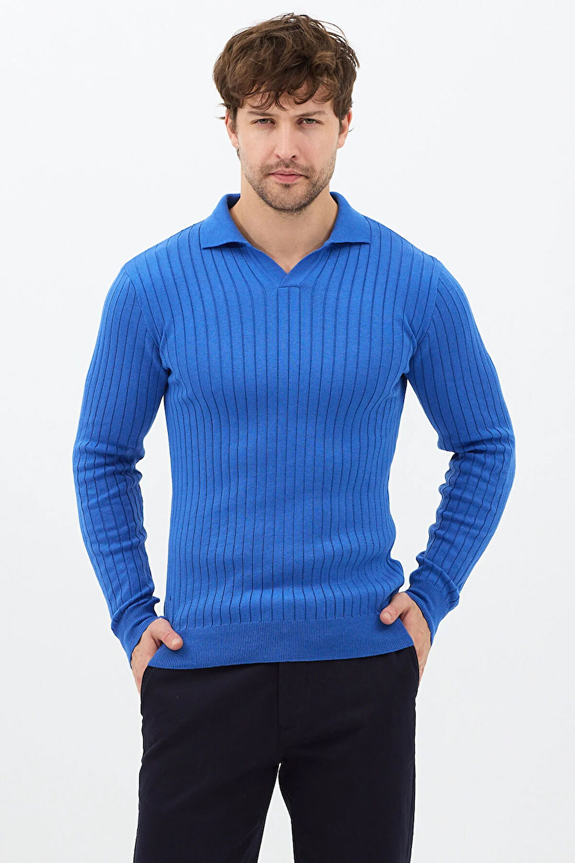 Saks Erkek Polo Yaka Fitilli Triko Kazak