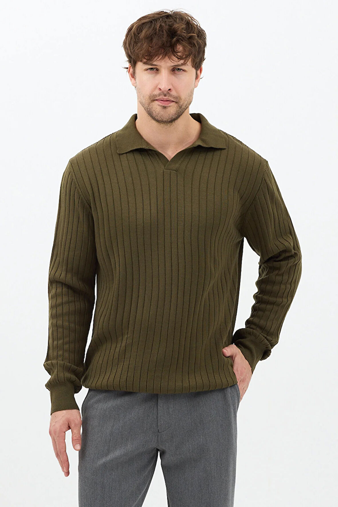 Haki Erkek Polo Yaka Fitilli Triko Kazak