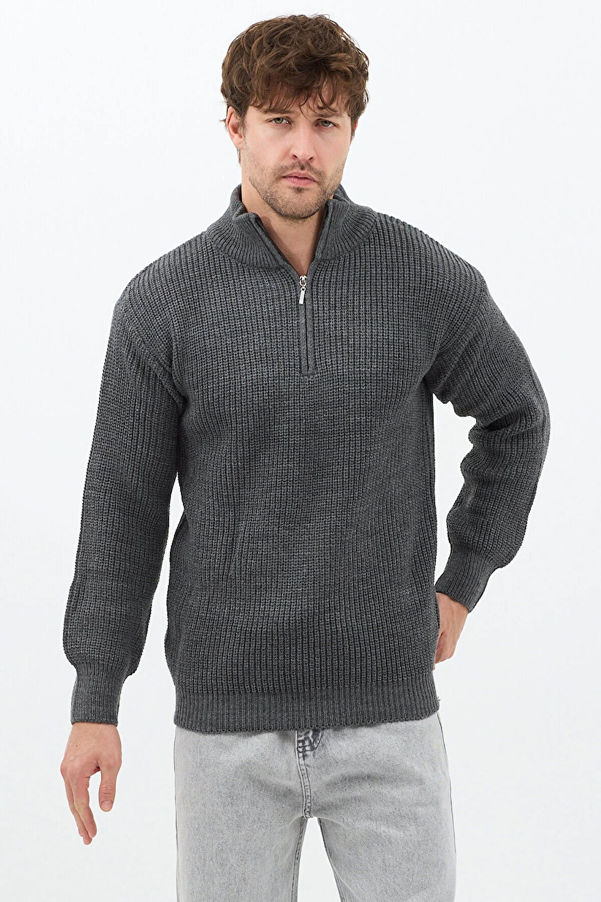 Füme Erkek Oversize Fermuarlı Balıkçı Triko Kazak