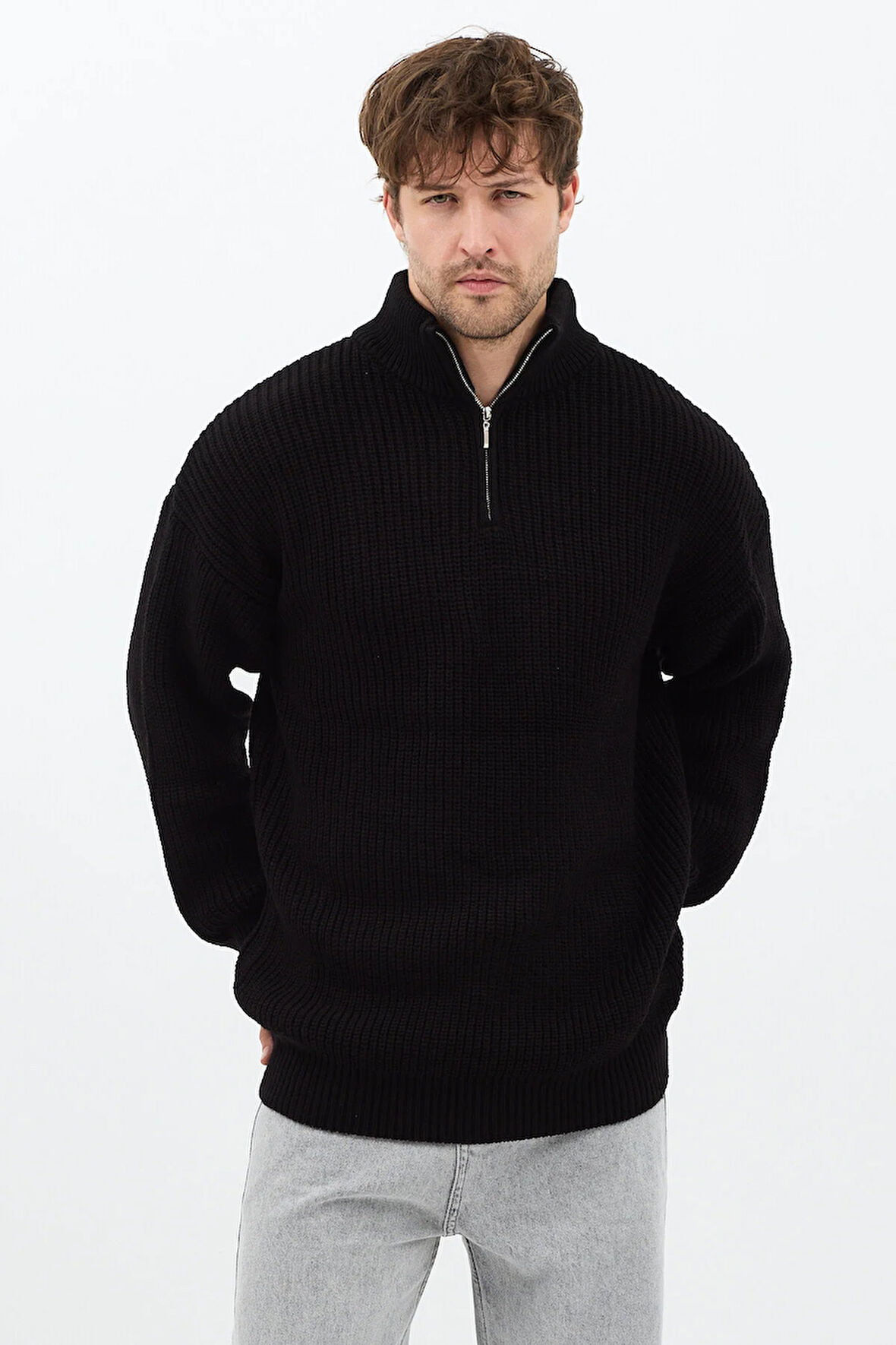 Siyah Erkek Oversize Fermuarlı Balıkçı Triko Kazak