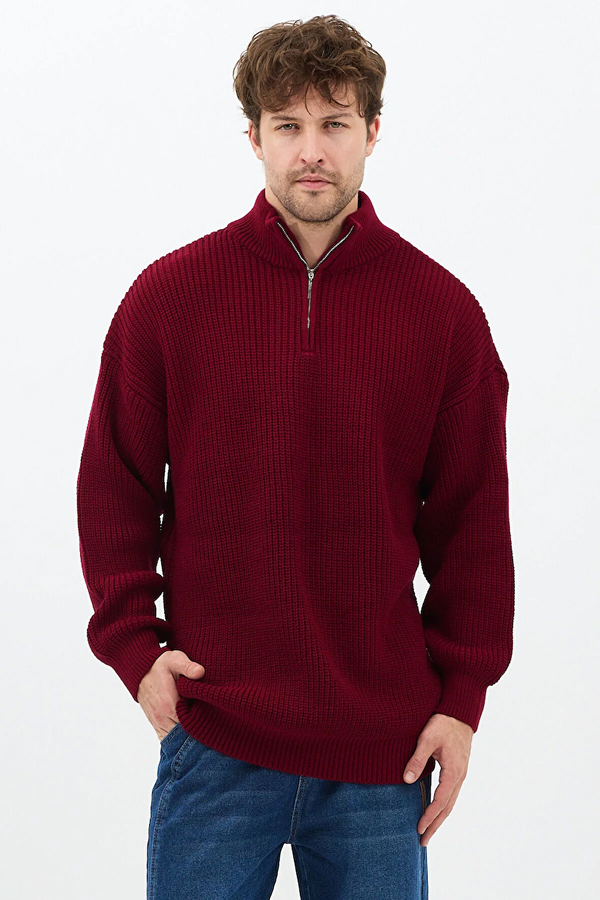 Bordo Erkek Oversize Fermuarlı Balıkçı Triko Kazak