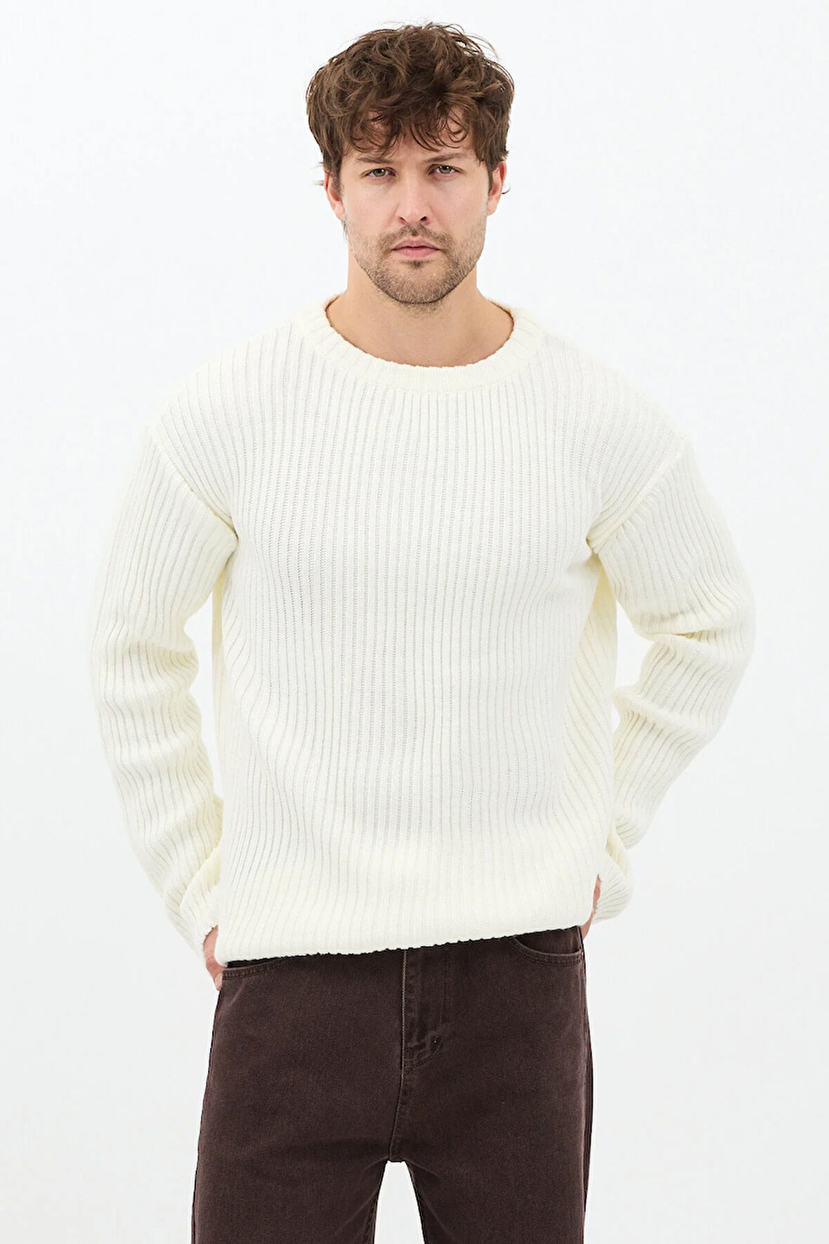 Erkek Beyaz Fitilli Örme Regular Triko Kazak