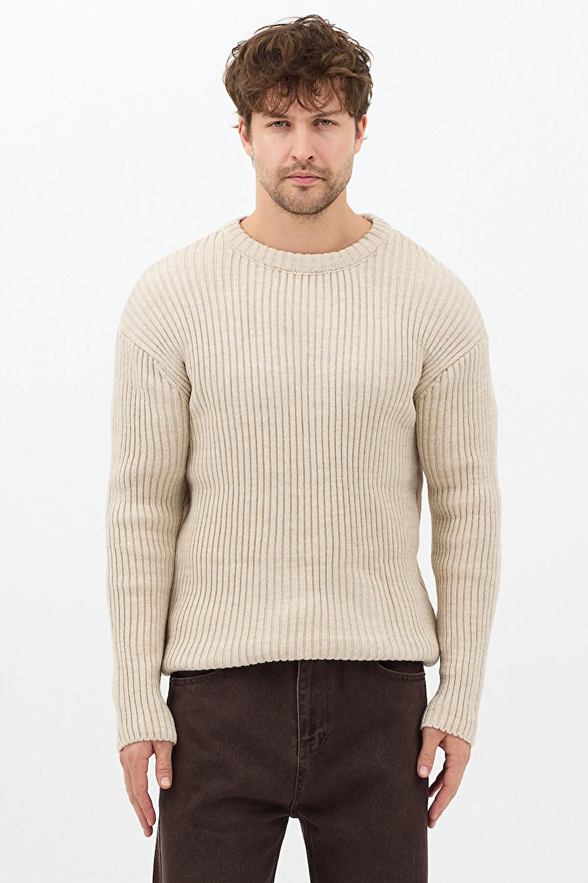 Erkek Bej Fitilli Örme Regular Triko Kazak