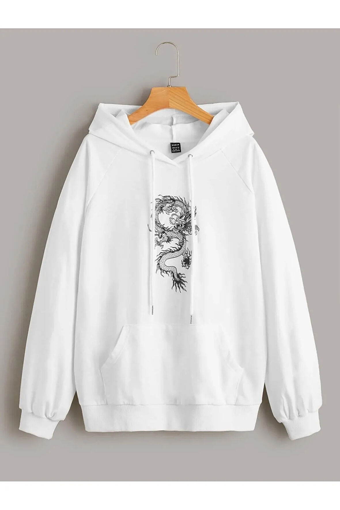 Kadın Beyaz Kapüşonlu Oversize Önü Ejder Baskılı Hoodie Sweatshirt