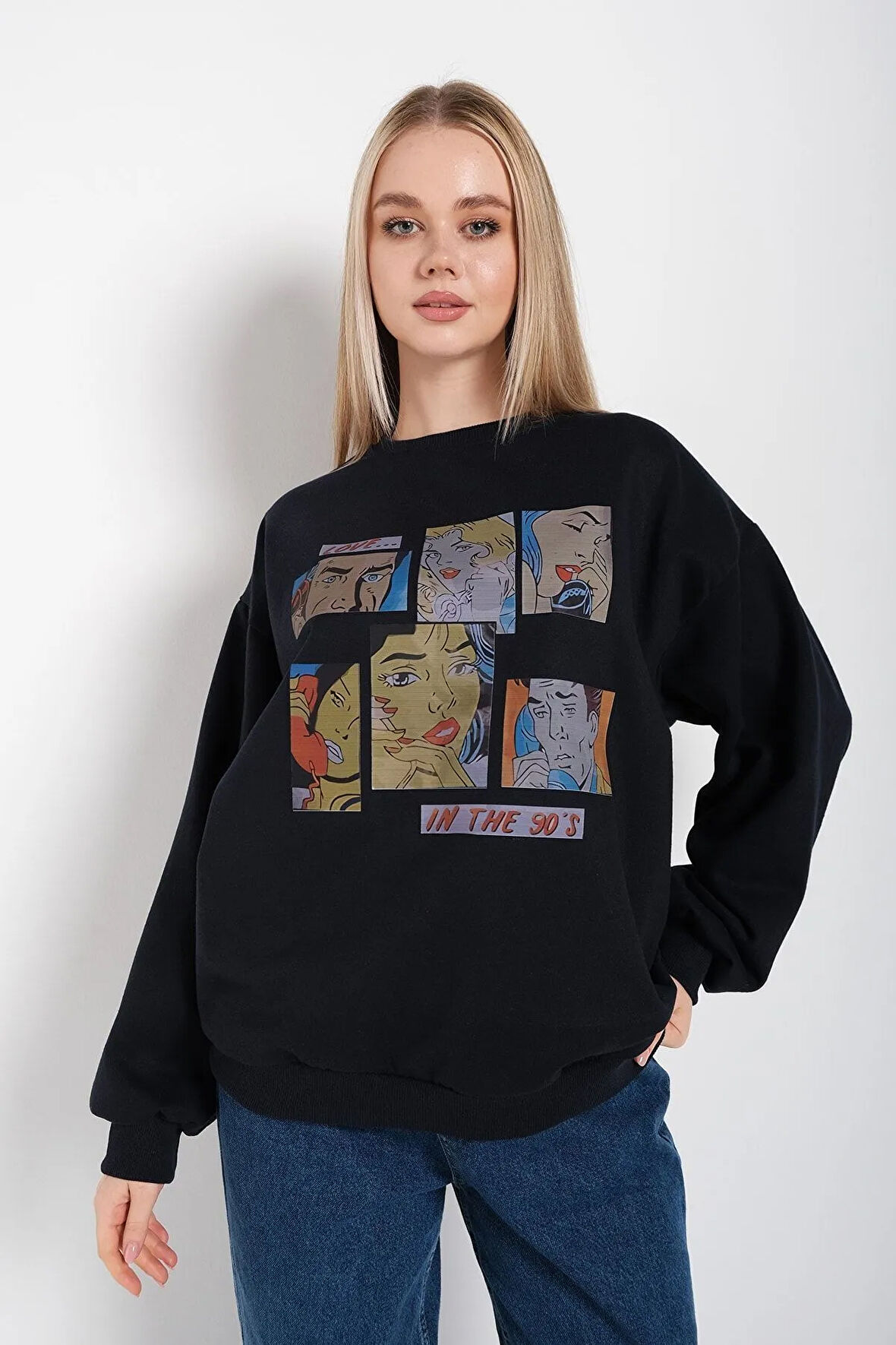 Kadın Siyah Oversize In The 90’s Baskılı Sweatshirt