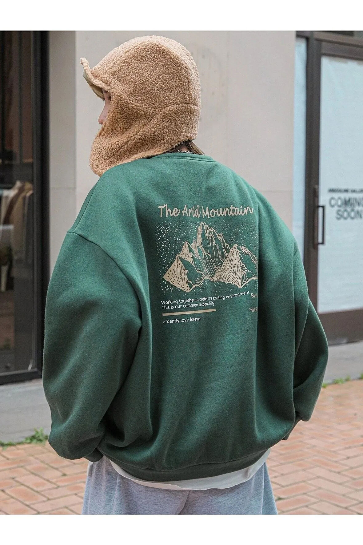 Kadın Yeşil Arid Mountain Baskılı Oversize Sweatshirt