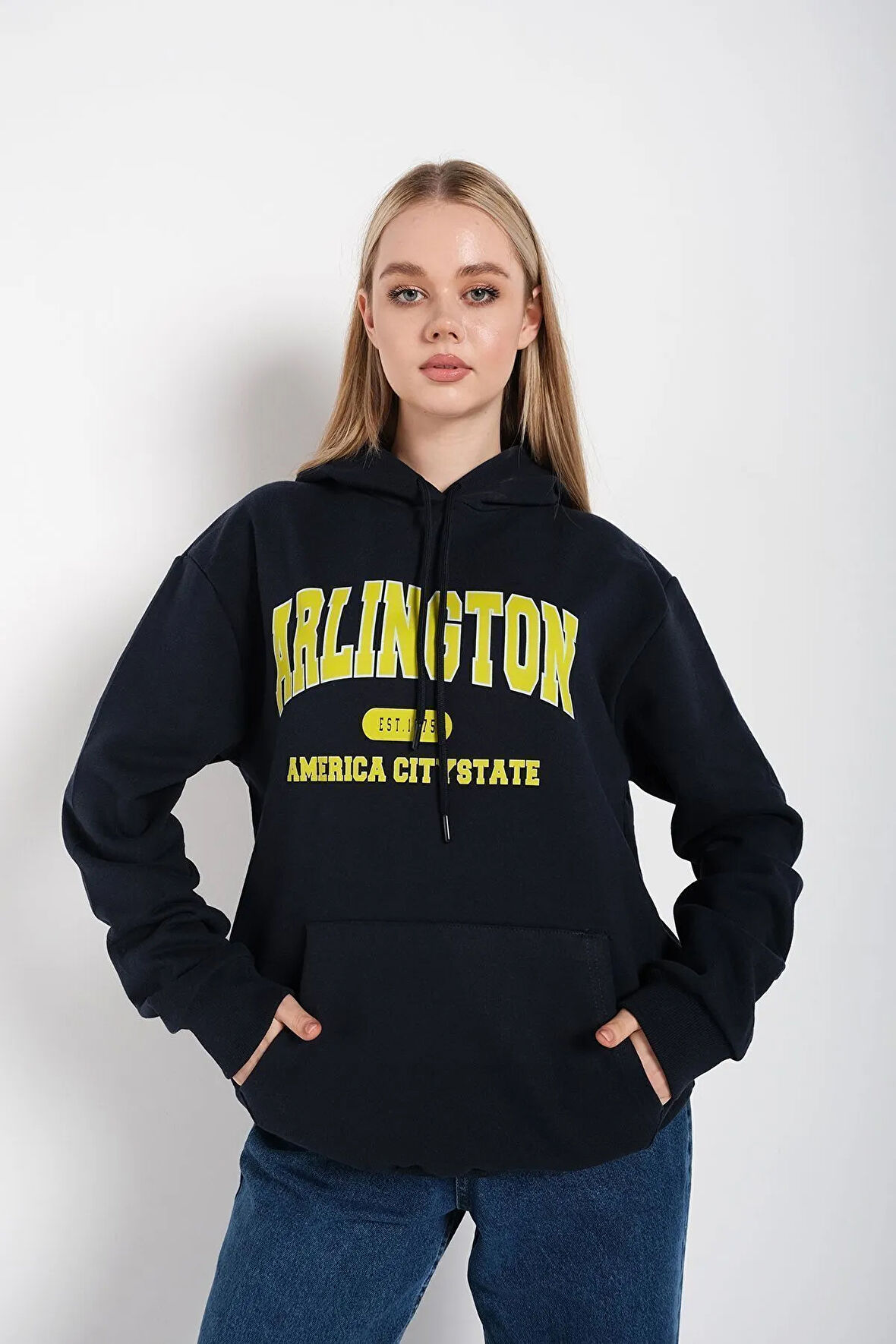 Lacivert Arlington Baskılı Oversize Kapüşonlu Sweatshirt