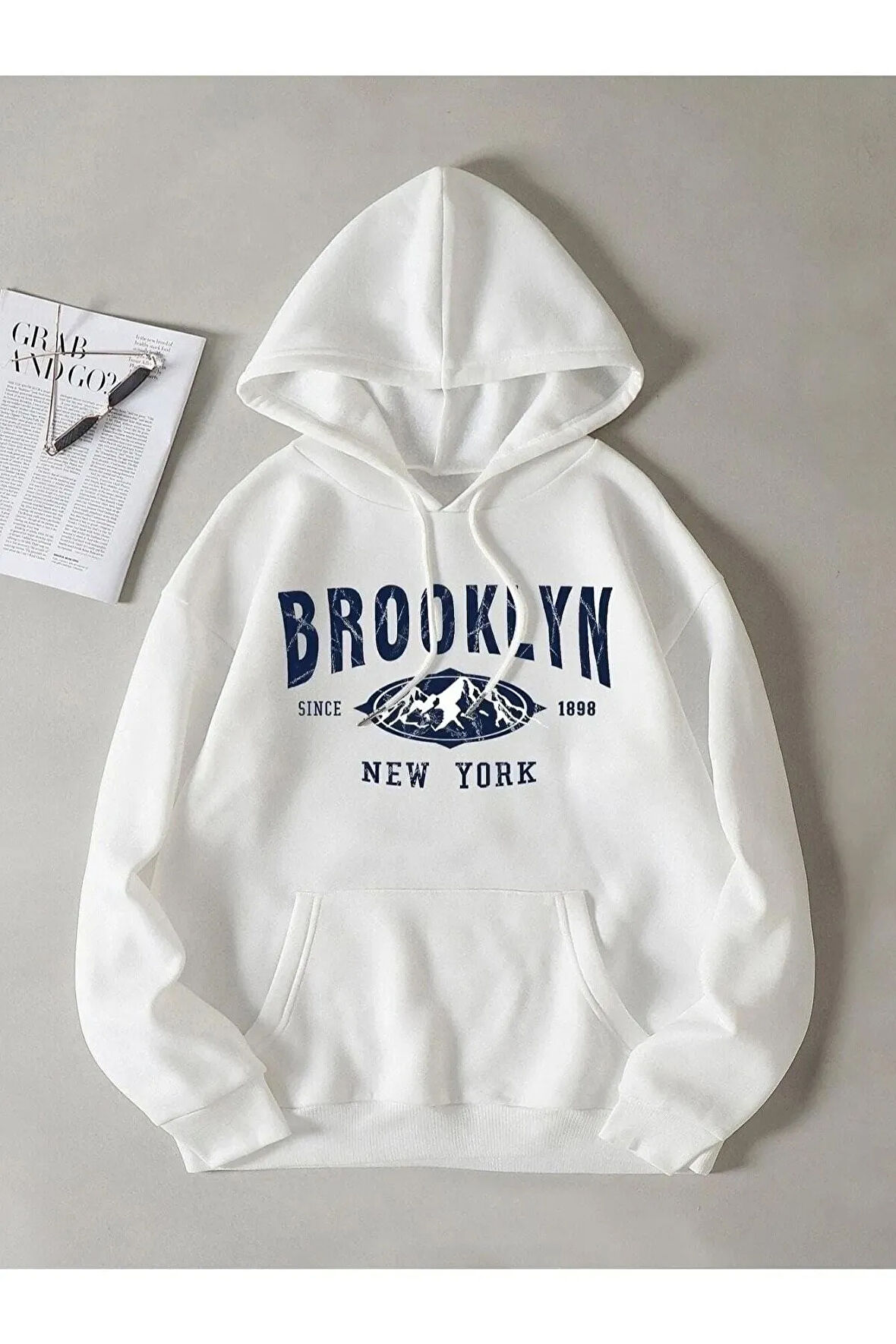 Unisex Beyaz Mavi Brooklyn Baskılı Kapüşonlu Sweatshirt