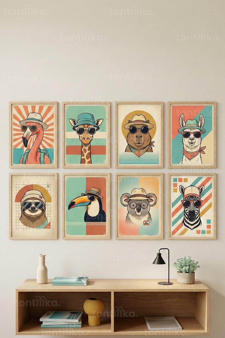 8 Parça Retro Renkli Hayvan Portreleri Dekoratif Çerçeve Görünümlü Tablo Seti - illistrasyon Tema