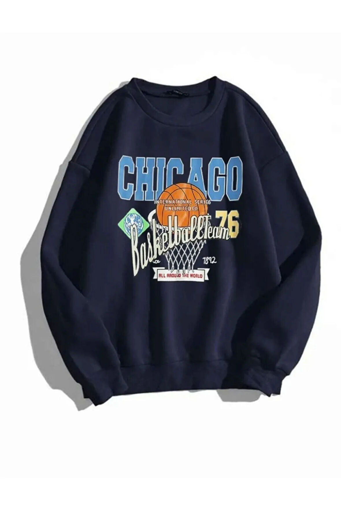 Kadın Lacivert Chıcago 76 Baskılı Oversize Sweatshirt