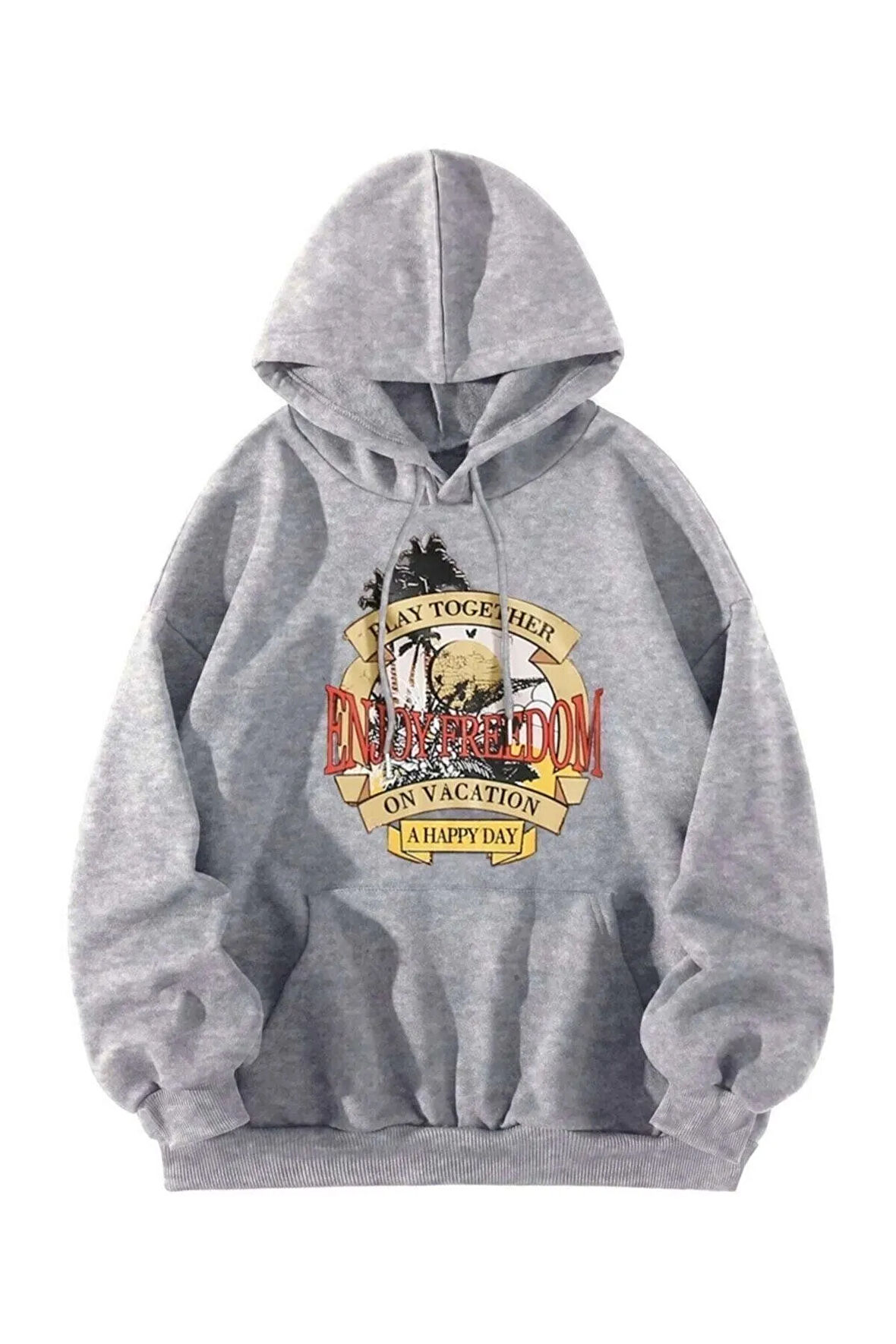 Unisex Gri Kapşonlu Sweatshirt Enjoy Freedom Baskılı
