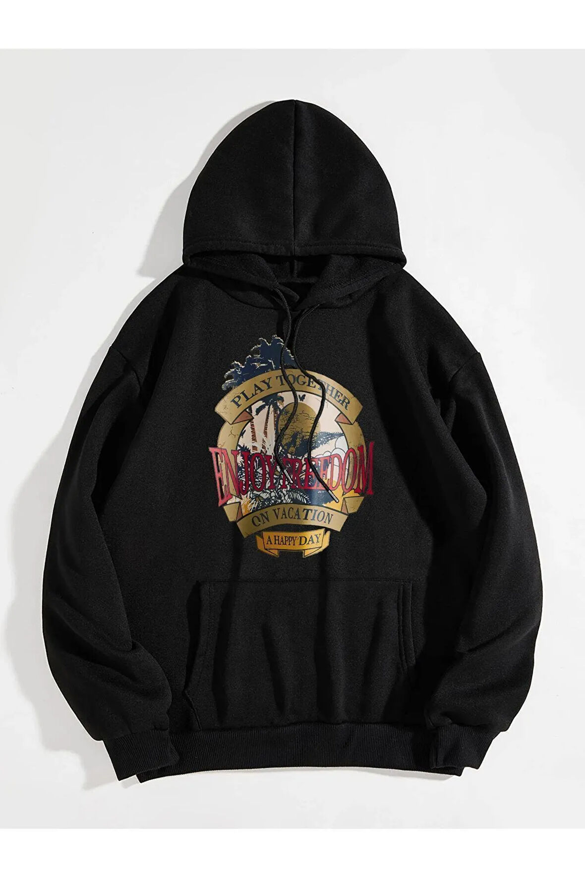 Unisex Siyah Kapüşonlu Sweatshirt Enjoy Freedom Baskılı