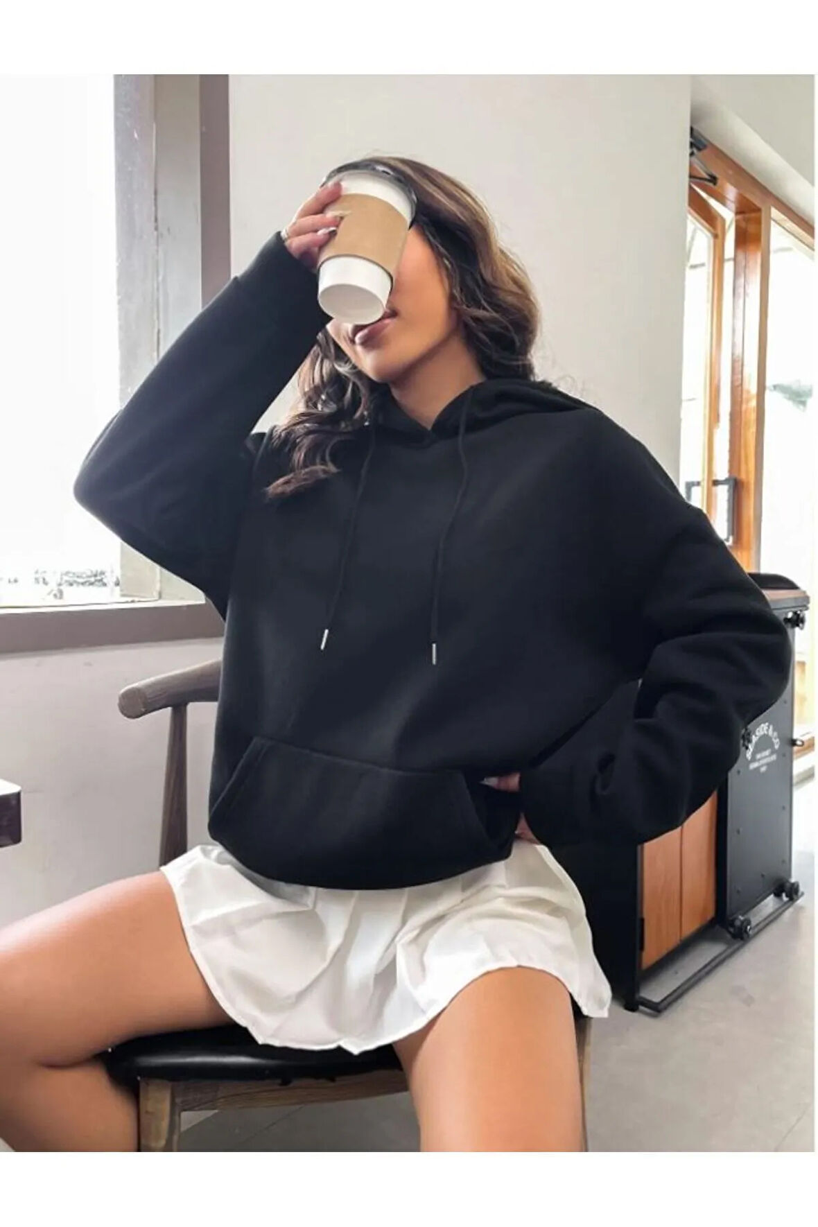 Kadın Siyah Good Vibes 1997 Baskılı Kapüşonlu Sweatshirt