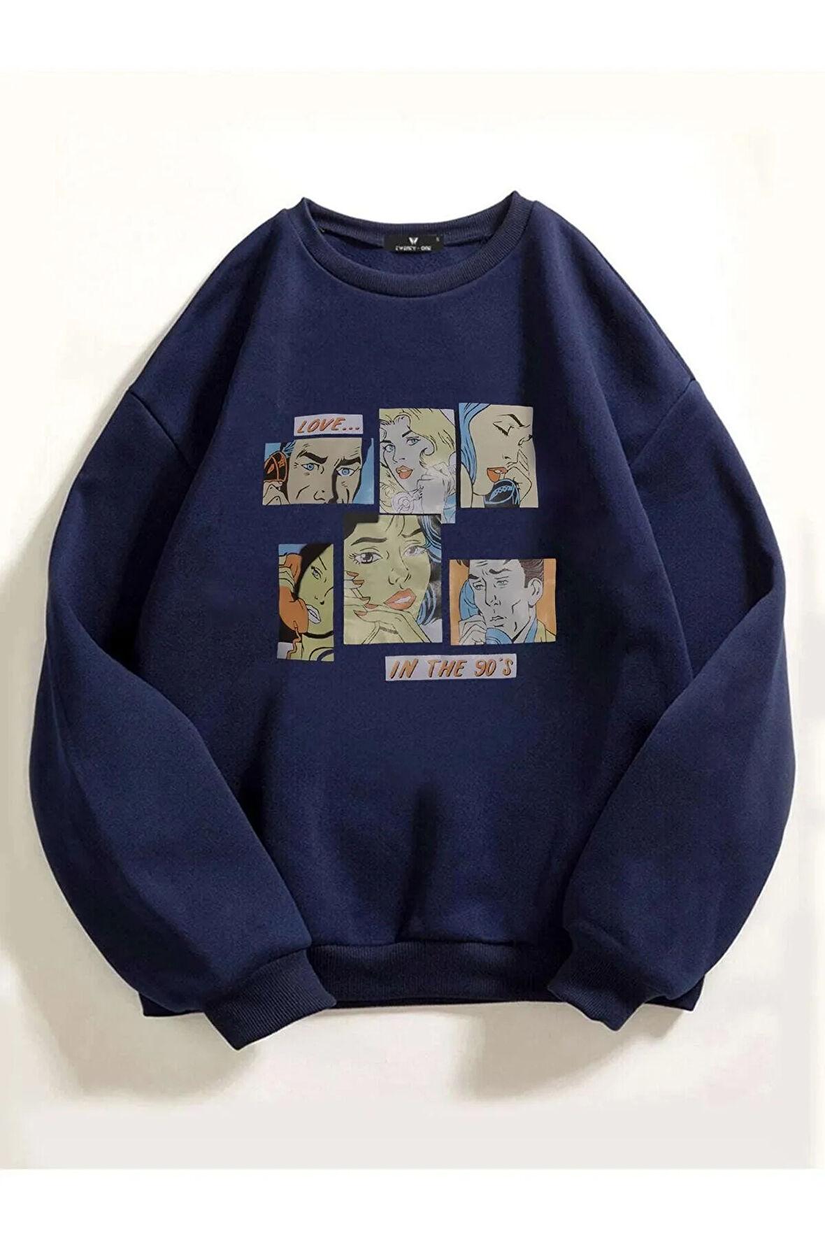 Kadın Lacivert Karikatür Baskılı Oversize Sweatshirt