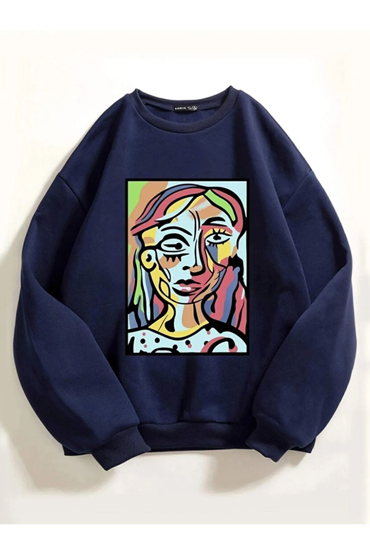 Kadın Lacivert Abstract Figure Baskılı Oversize Sweatshirt