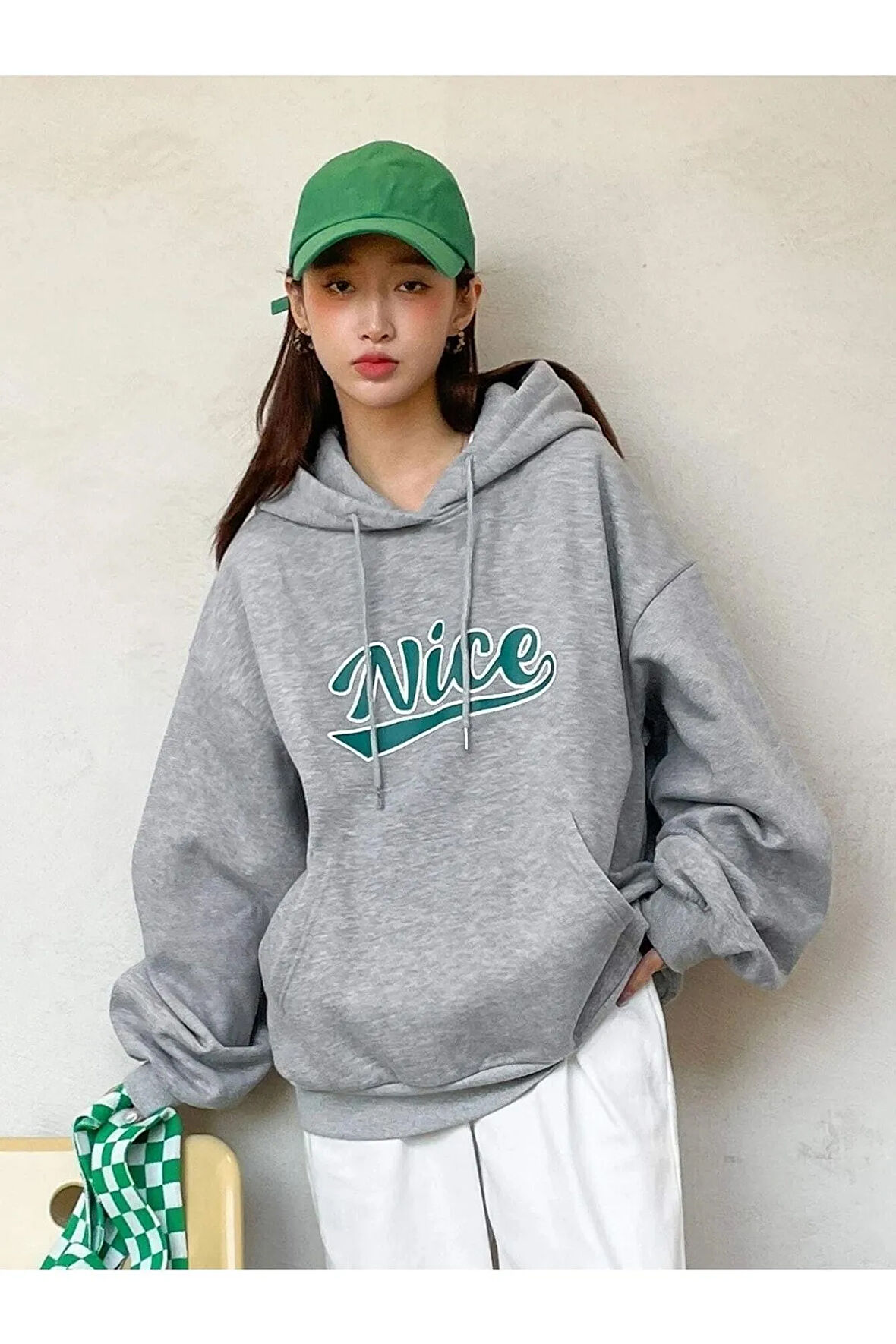 Kadın Gri Oversize Nice Baskılı Sweatshirt