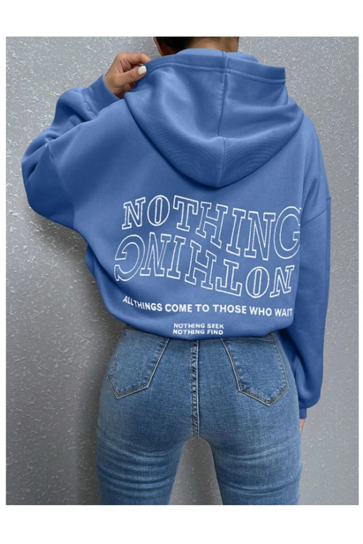 Kadın Mavi Ters Düz Nothing Baskılı Oversize Sweatshirt
