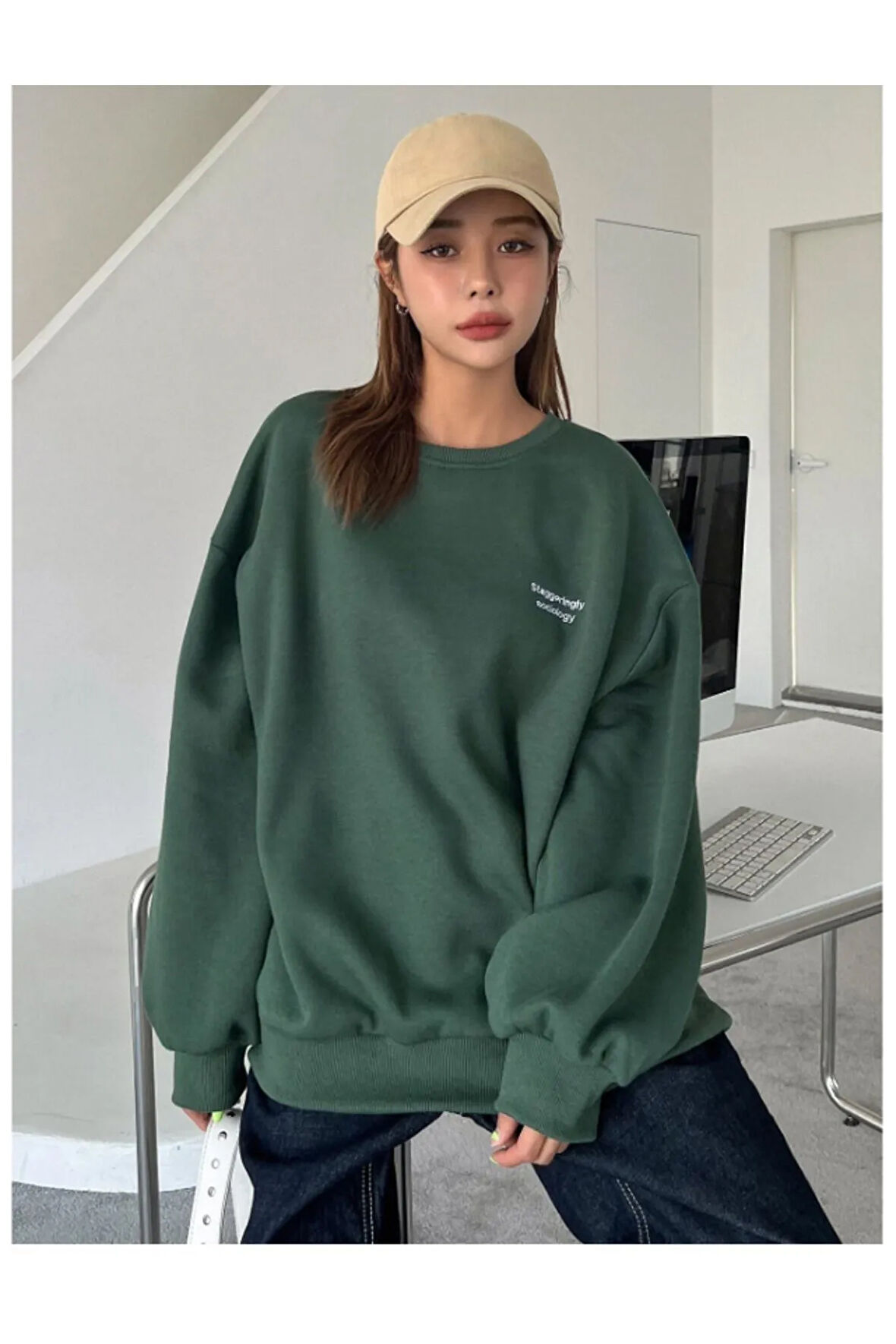Kadın Nefti Yeşil Staggertly Baskılı Bisiklet Yaka Sweatshirt