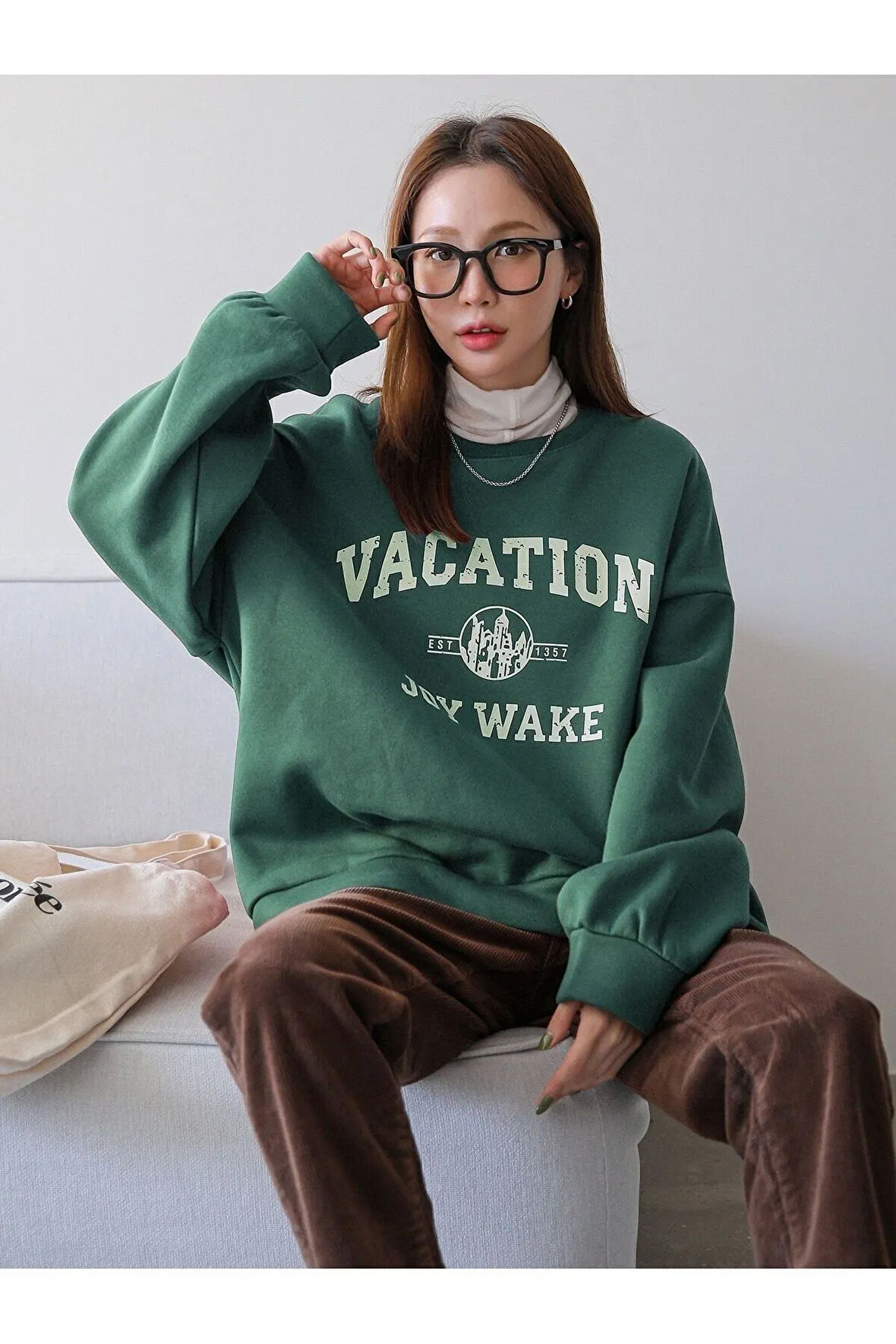 Kadın Yeşil Vacation Joy Wake Baskılı Oversize Bisiklet Yaka Sweatshirt