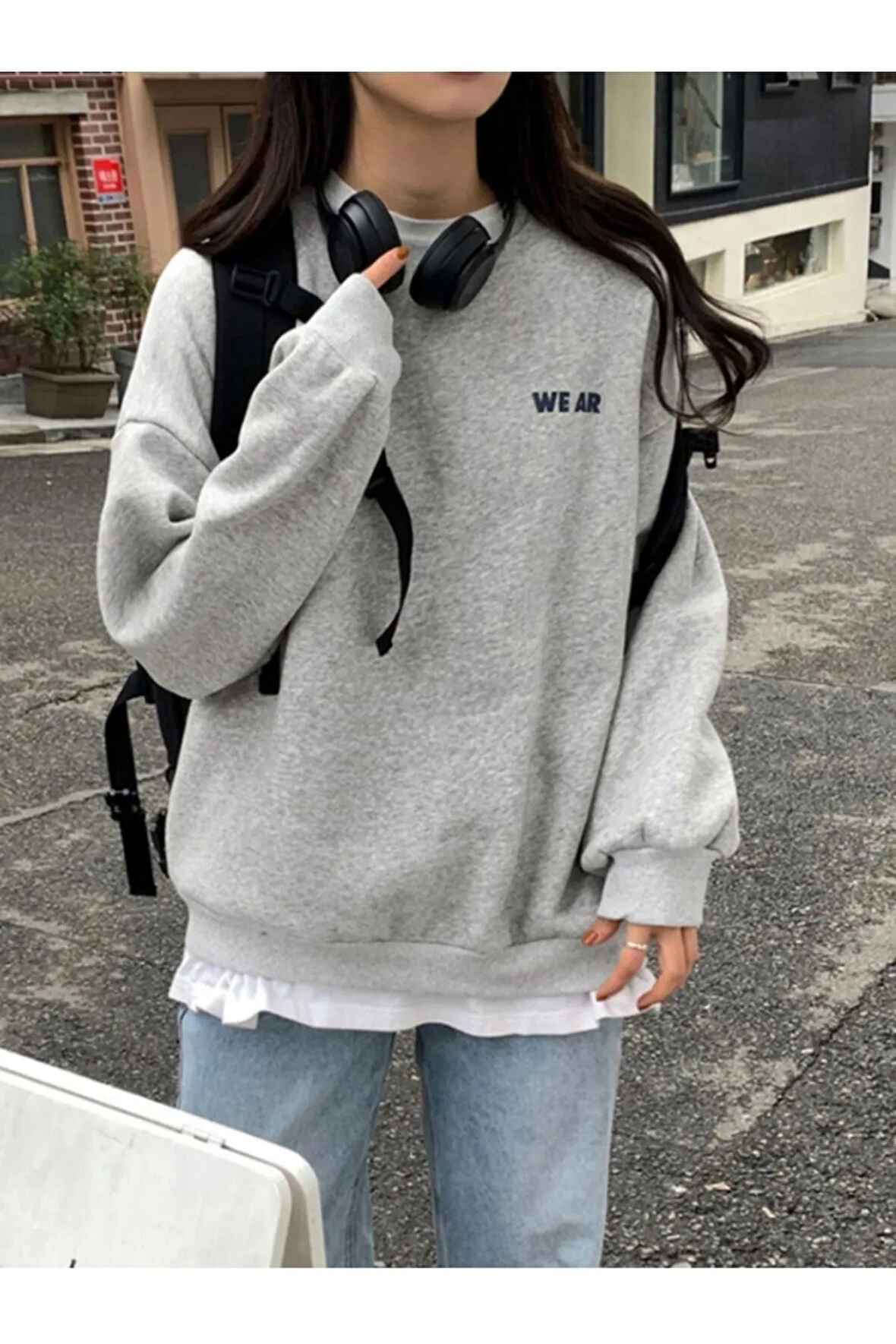 Kadın Gri We Ar Baskılı Oversize Sweatshirt