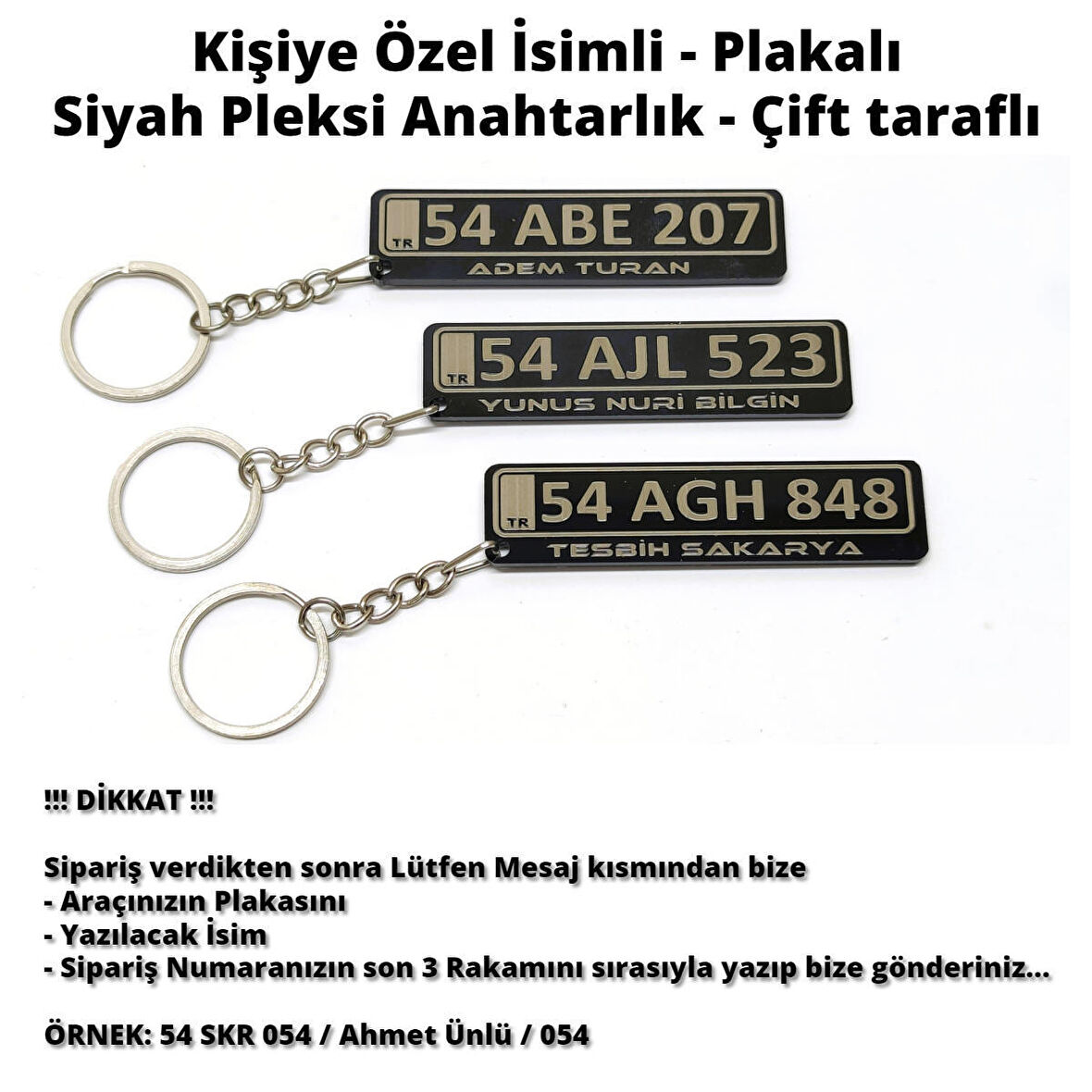 Kişiye özel İsimli - Plakalı - Siyah Pleksi Anahtarlık - Çift taraflı