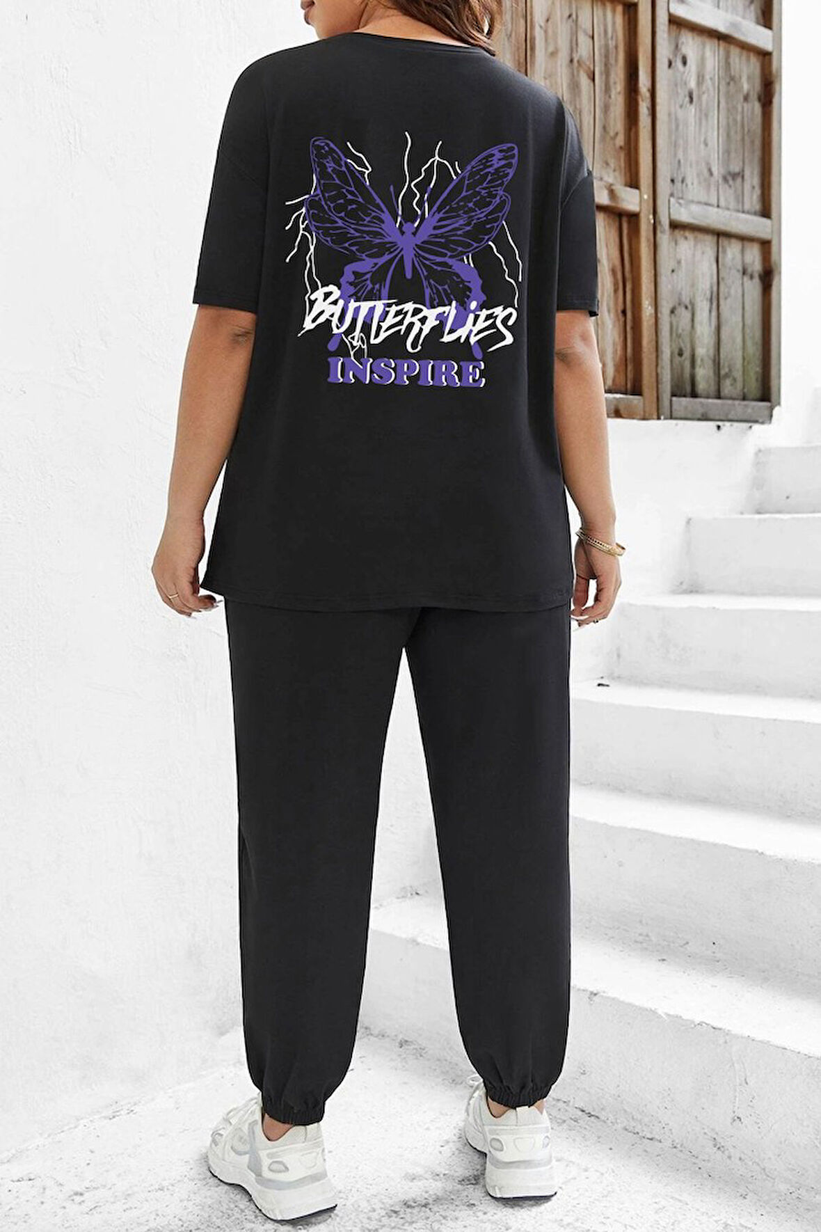 Uyguntarz Unisex Butterfly & Letter Graphic Baskılı 2'li Eşofman Takımı