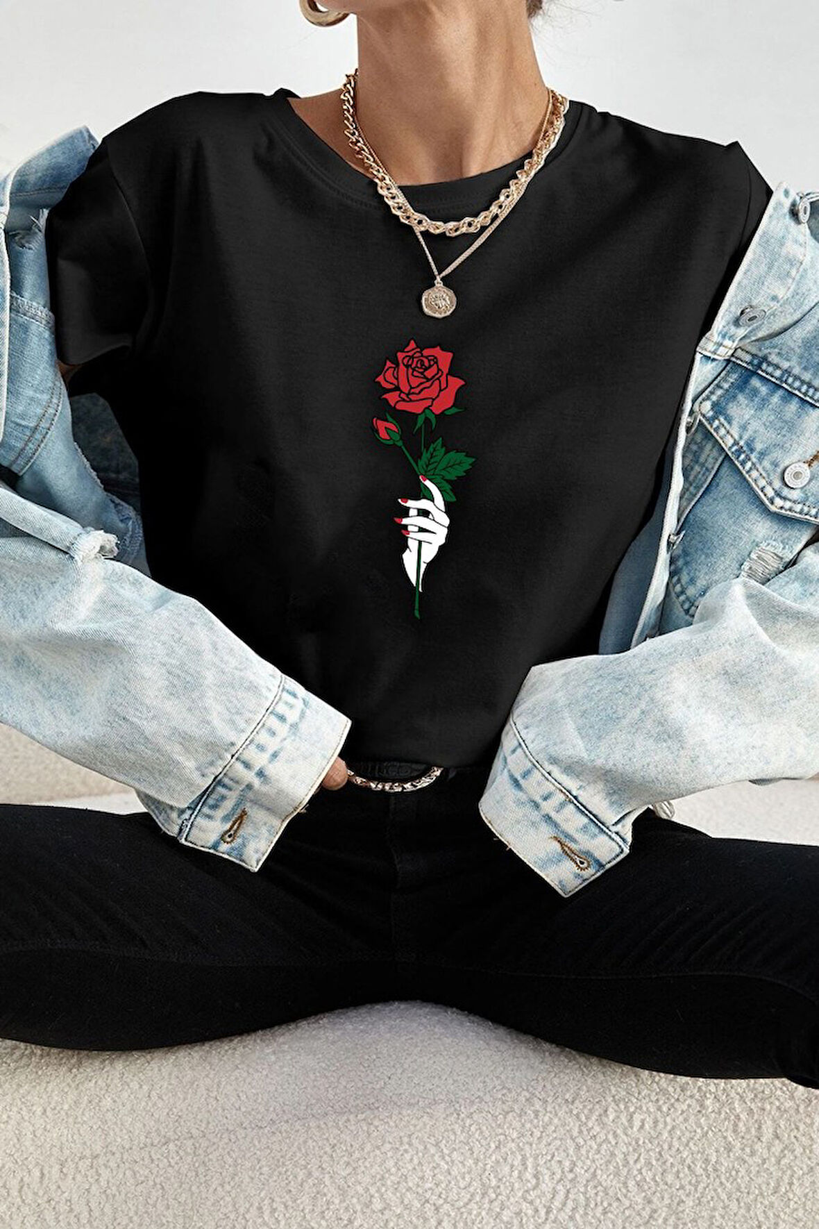 Uyguntarz Unisex Rose Baskılı T-shirt