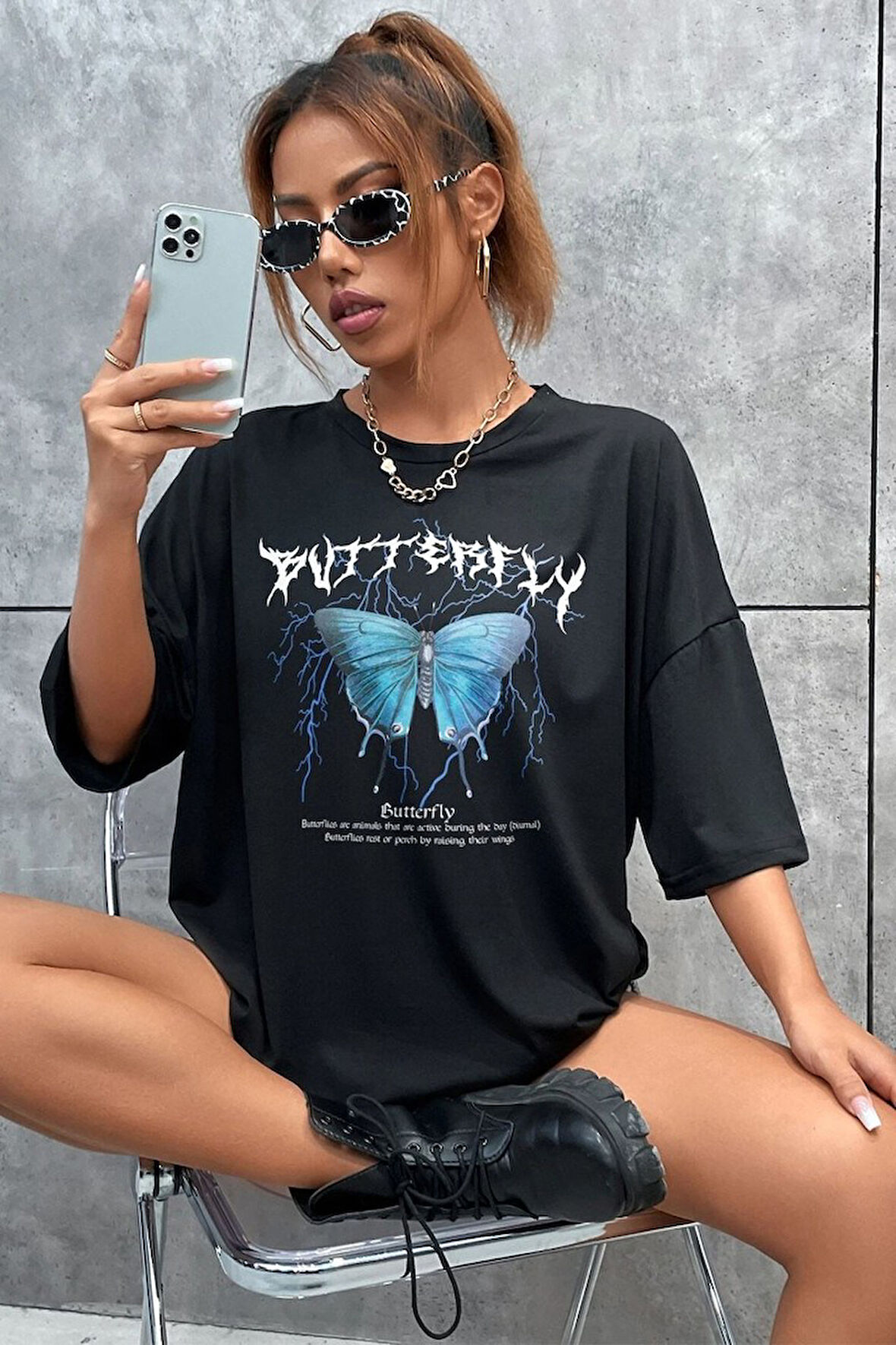 Unisex Blue Butterfly Baskılı T-shirt