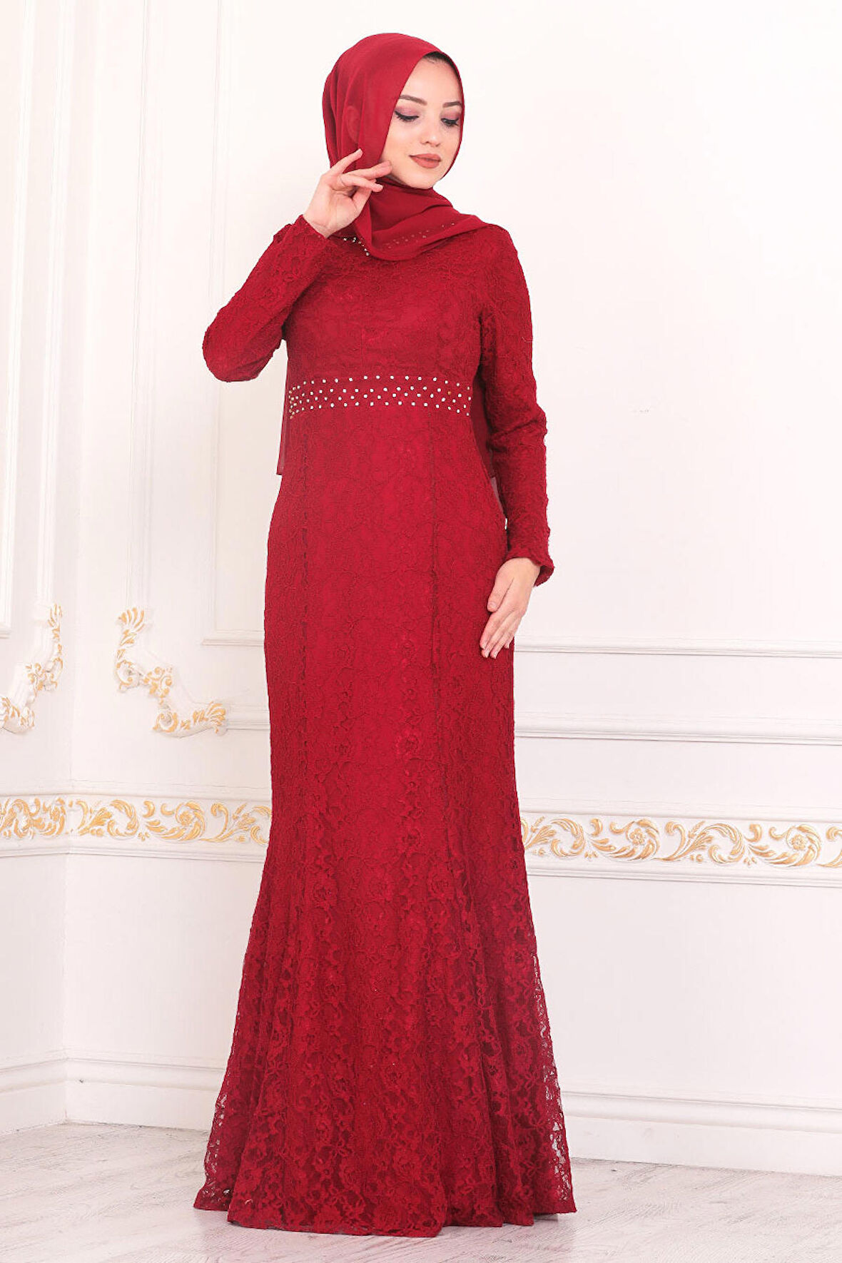 Dantelli Bordo Tesettür Abiye Elbise 2144BR