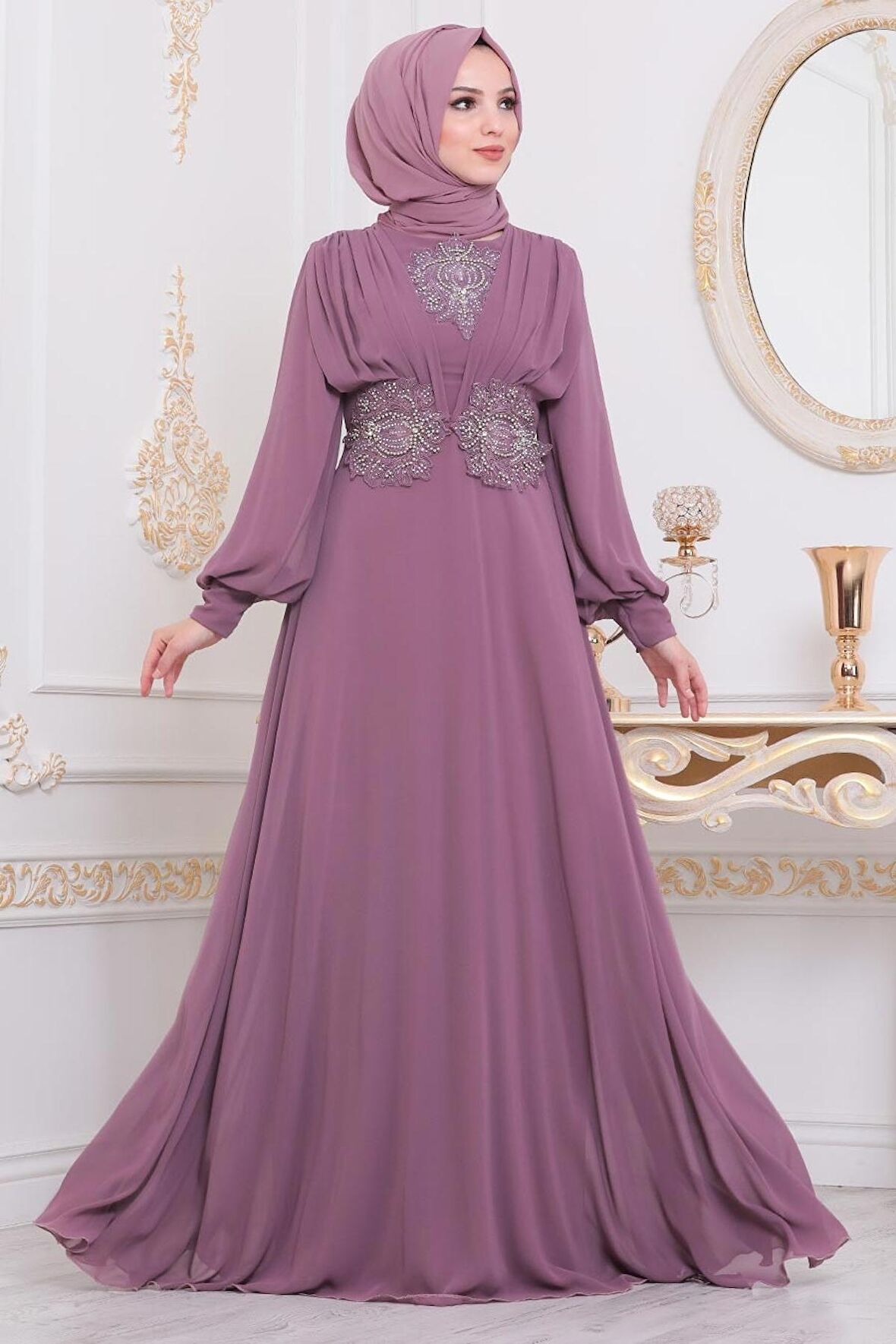 Dantelli Gül Kurusu Tesettür Abiye Elbise 9118GK