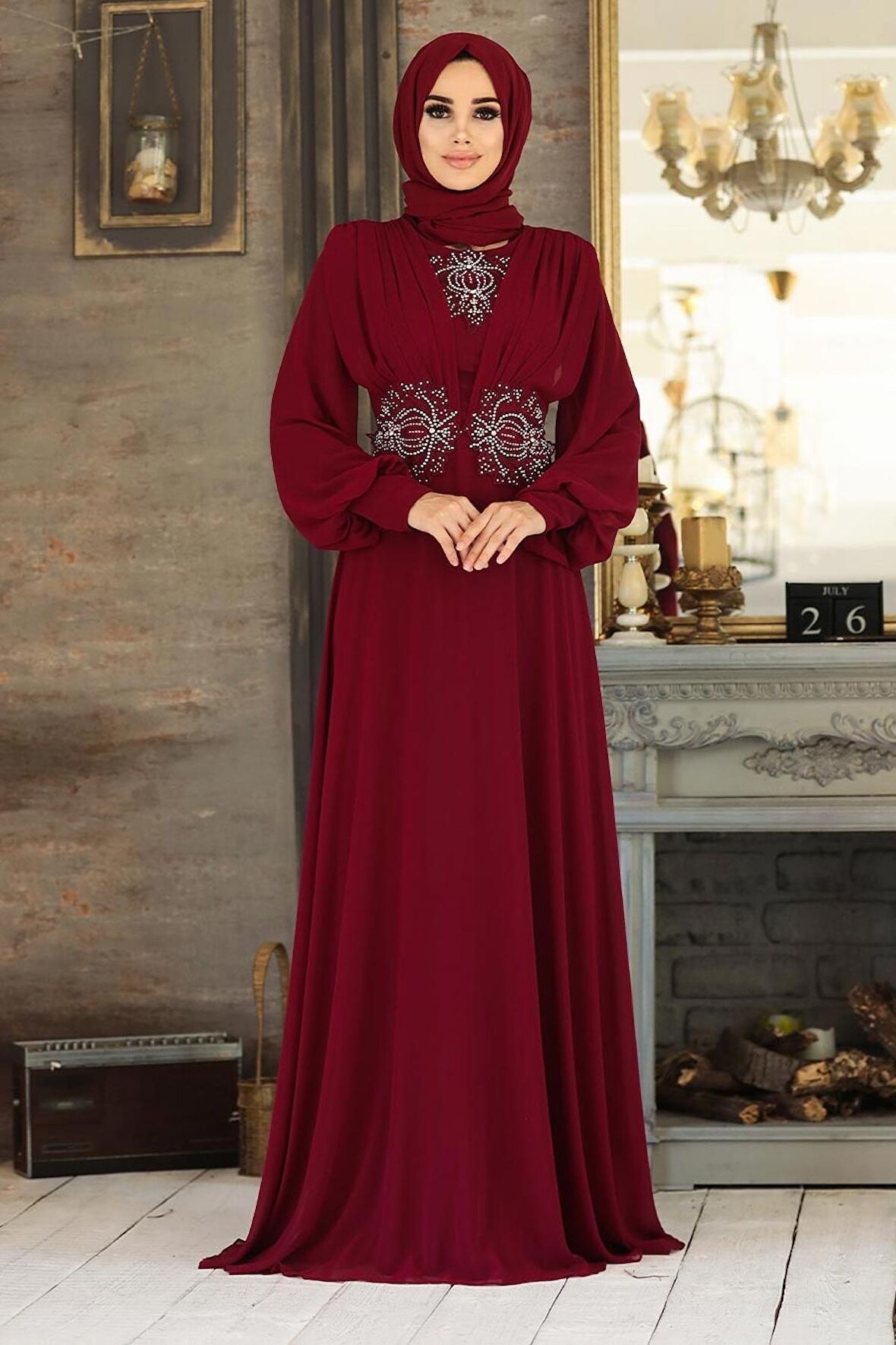 Dantelli Bordo Tesettür Abiye Elbise 9118BR