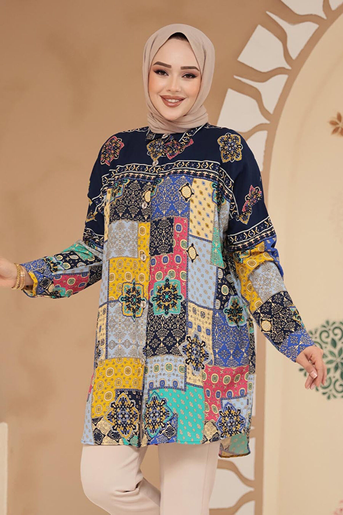 Desenli Lacivert Tesettür Tunik 20412L