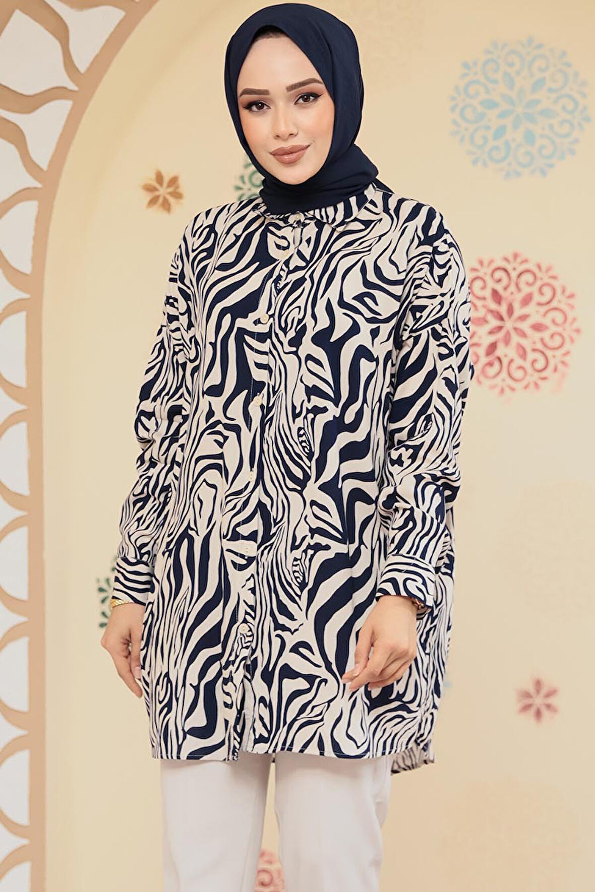 Desenli Lacivert Tesettür Tunik 20415L