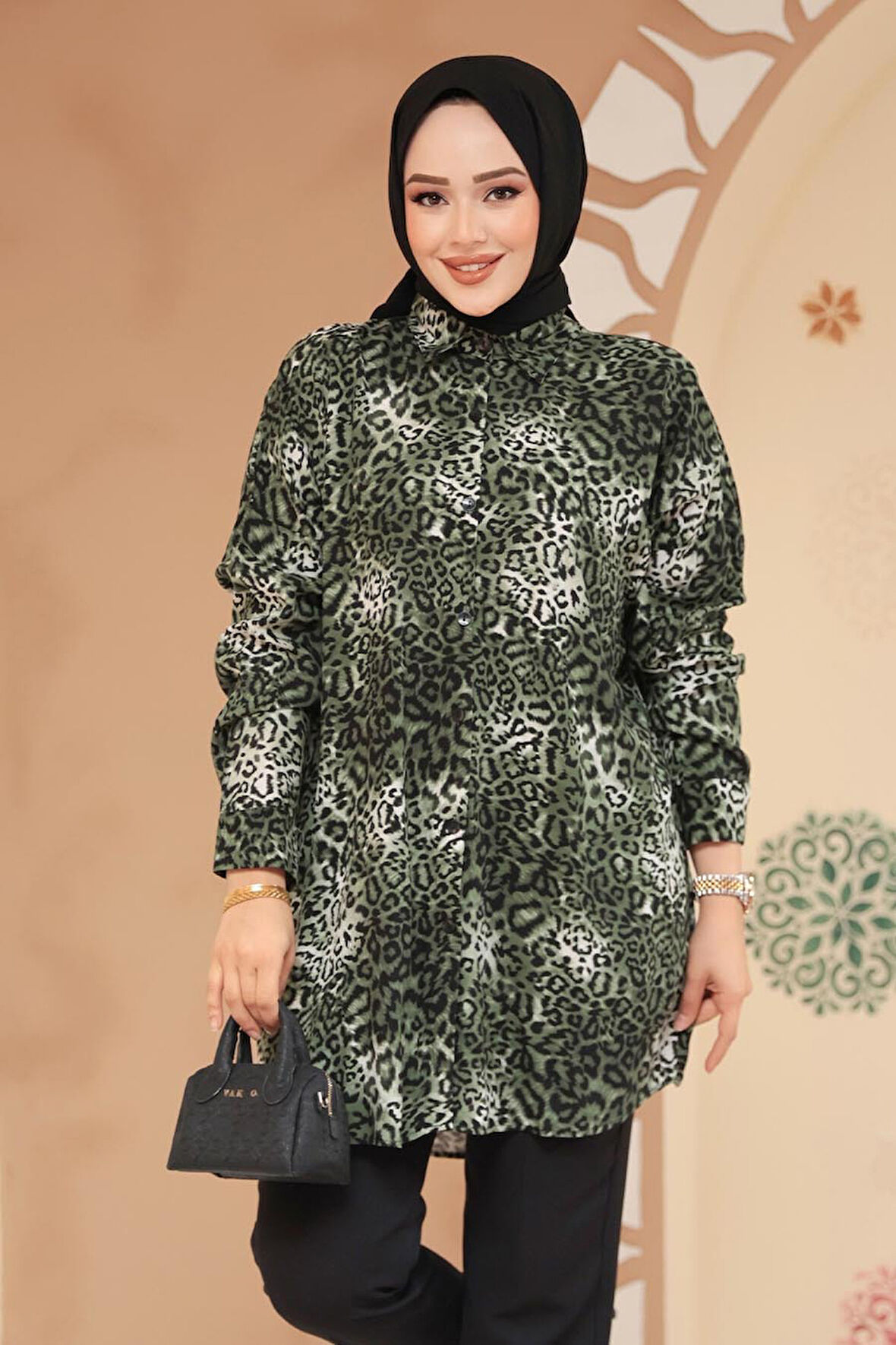 Leopar Desenli Haki Tesettür Tunik 20418HK