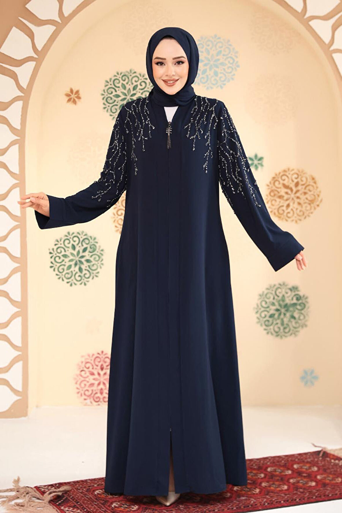 Boncuk İşlemeli Açık Lacivert Tesettür Abaya 29110AL