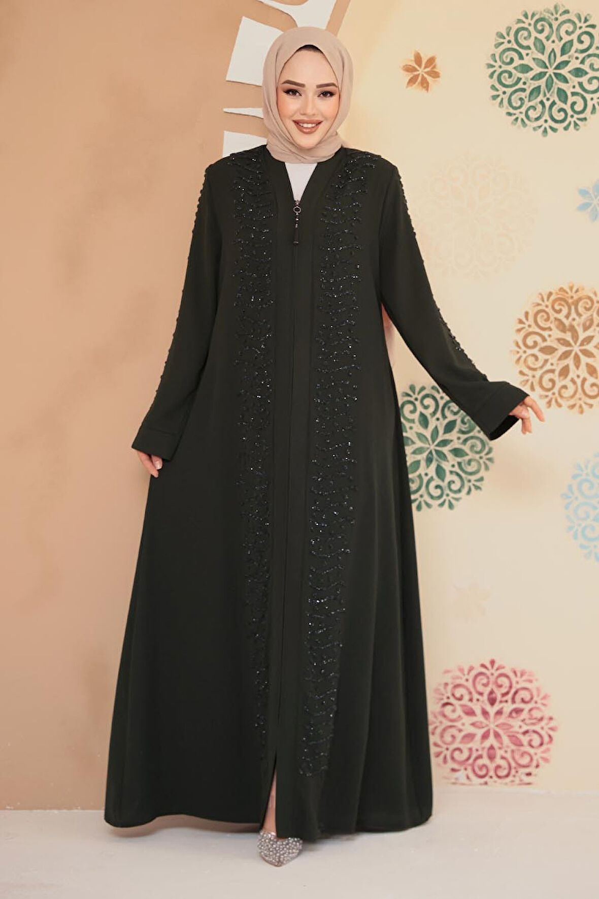 Boncuk İşlemeli Haki Tesettür Ferace 29127HK