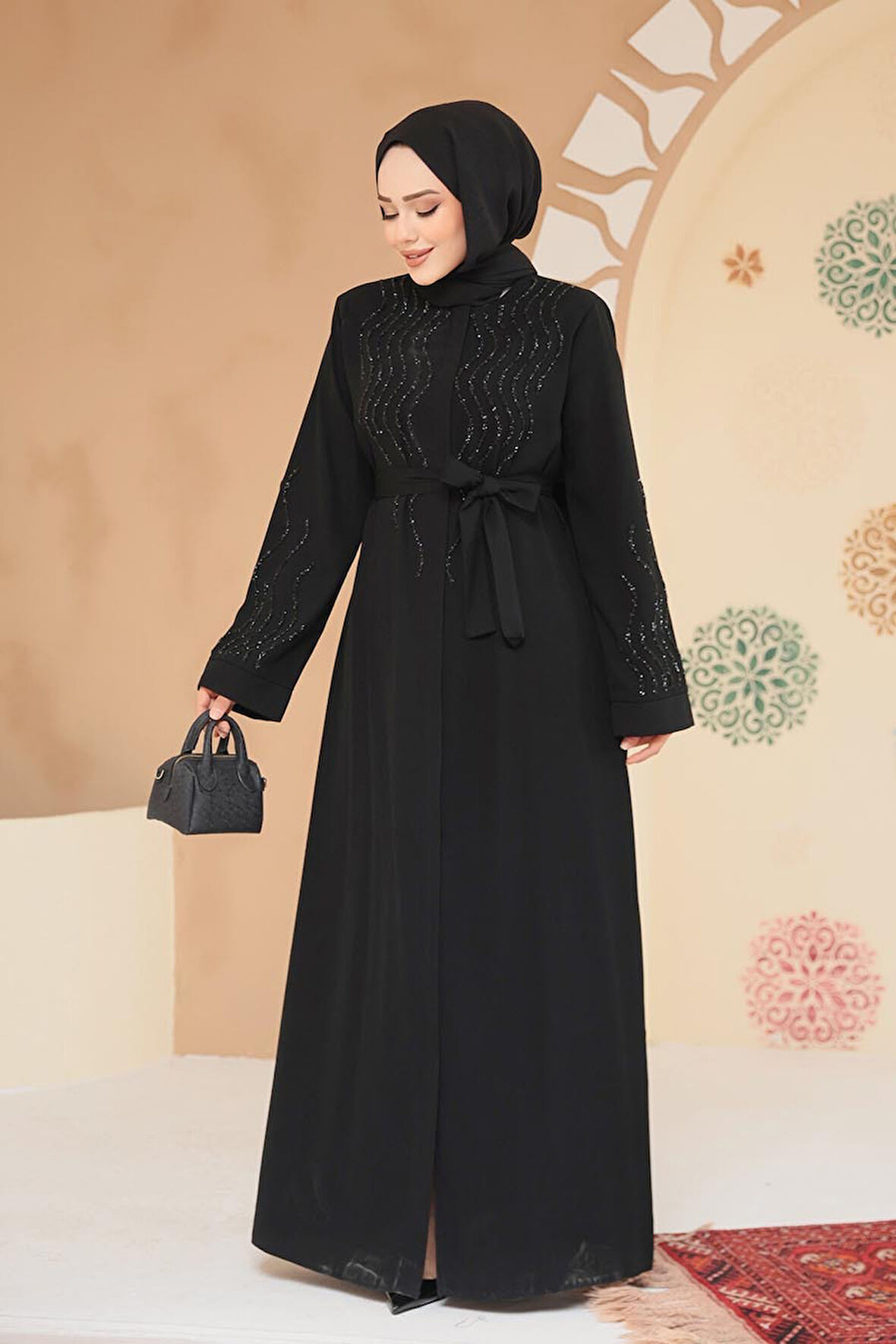 Boncuk İşlemeli Siyah Tesettür Abaya 29130S
