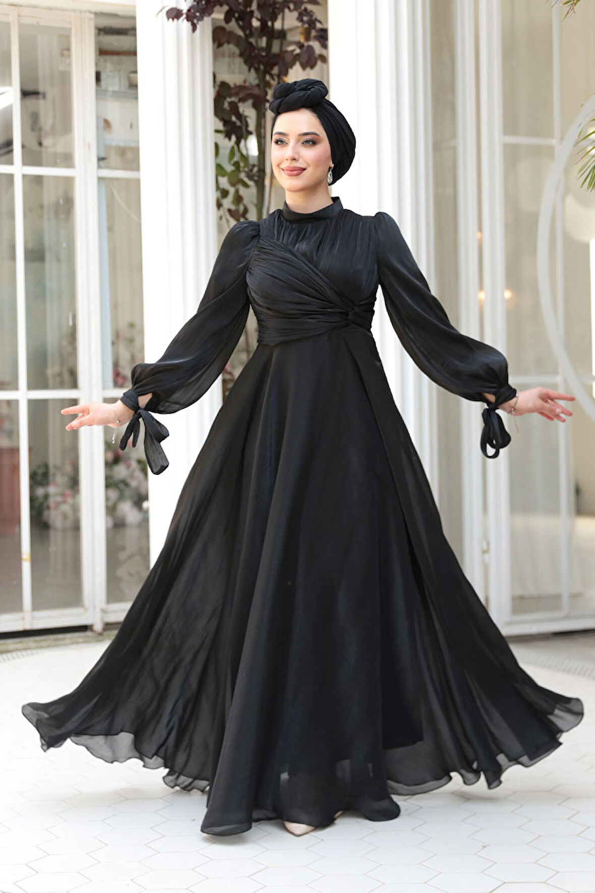 Drape Detaylı Siyah Tesettür Abiye Elbise 4823S
