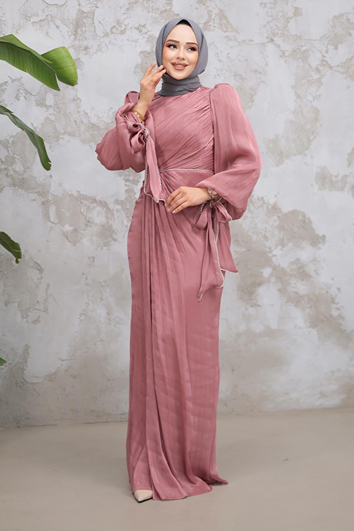 Drape Detaylı Gül Kurusu Tesettür Abiye Elbise 50193GK