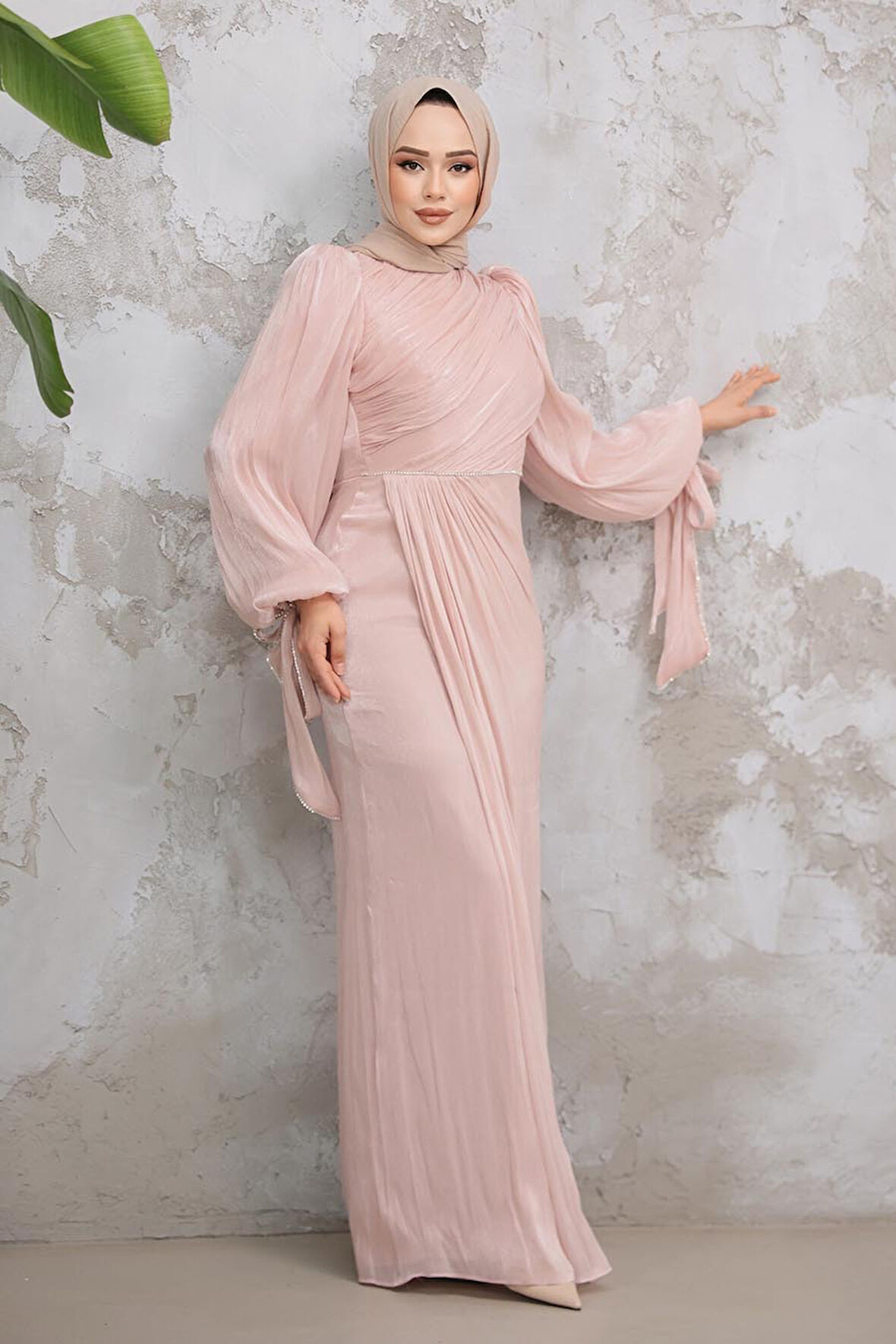 Drape Detaylı Pudra Tesettür Abiye Elbise 50193PD
