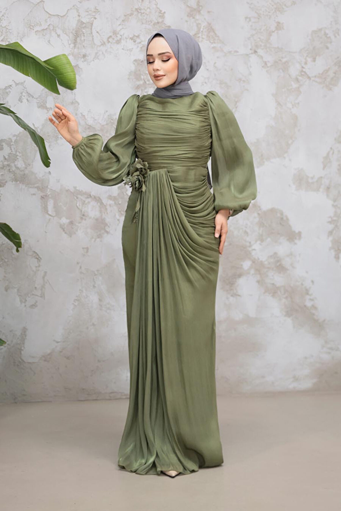 Drape Detaylı Haki Tesettür Abiye Elbise 51203HK