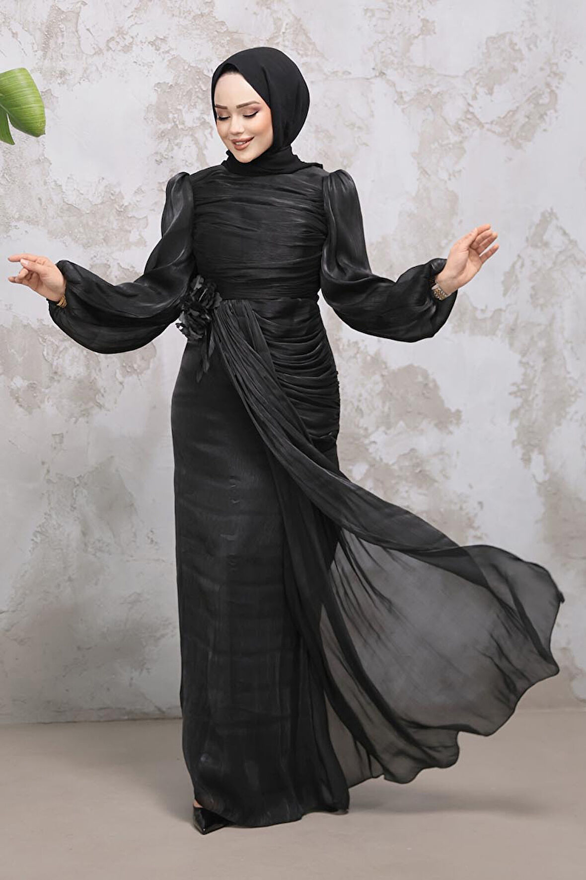 Drape Detaylı Siyah Tesettür Abiye Elbise 51203S