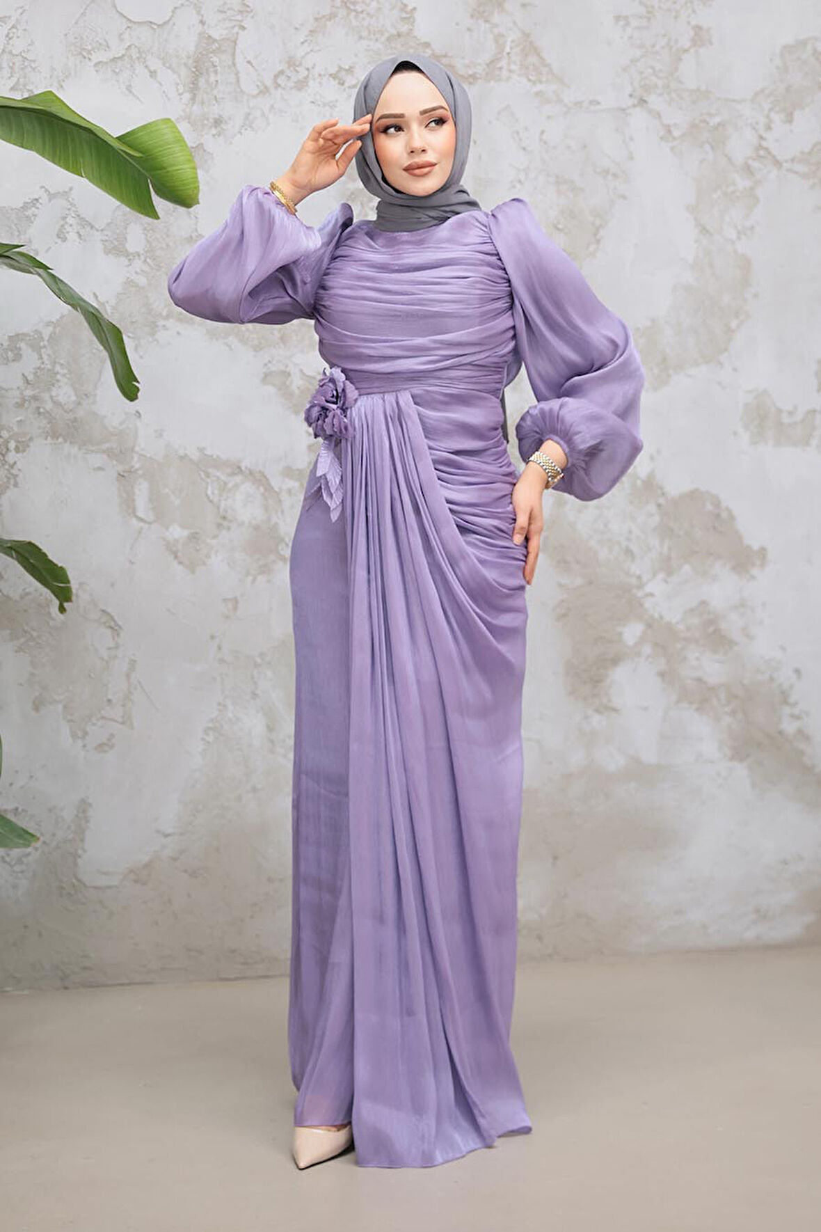 Drape Detaylı Lila Tesettür Abiye Elbise 51203LILA