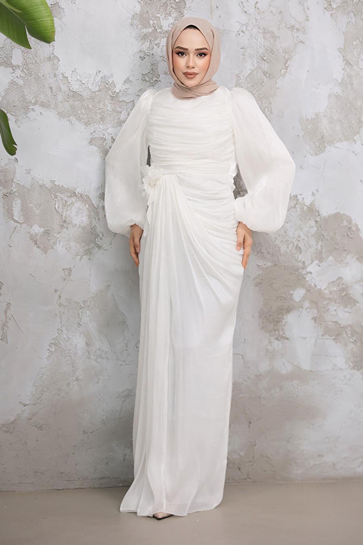 Drape Detaylı Beyaz Tesettür Abiye Elbise 51203B