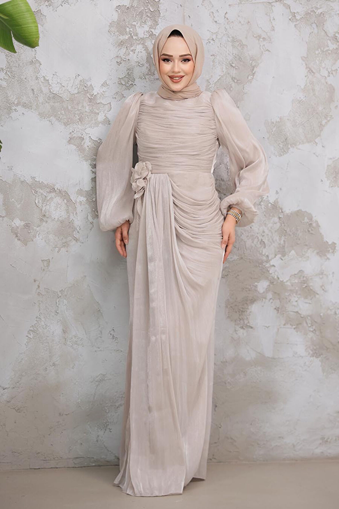 Drape Detaylı Vizon Tesettür Abiye Elbise 51203V